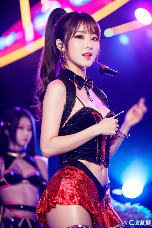 (A young and beautiful woman、Topアイドルグループのセンター、Top　Of　The　Top)、(cowboy shot:1.4)、（mouth wide open:1.45)、(Half eyes closed:1.45)、(reach sexual climax:1.35)、Topアイドルグループのコンサートステージ、amazing performance、A packed stadium crowd、Vivid lighting effects、Dynamic dance moves、Captivating Music、Multiple LED Screens、intense energy、Synchronized choreography、festive atmosphere、Maid-inspired stage costume、Highly anticipated show 、Thunderous applause、Extremely excited fans、Spectacular visual effects、Explosive fireworks、Uplifting music beats、stage fog、Passionate singing、芸術的にデTheインされた小道具、Breathtaking stage setup、electric atmosphere、Confetti explosion、adrenaline rush、sense of oneness、A memorable concert experience、 (highest quality、4k、8k、high resolution、masterpiece: 1.2)、Super detailed、(real、photorealistic、photorealistic: 1.37)、concert photography、Energetic performance、Bright colors、lively atmosphere、Professional Production、perfect execution、Captivating stage presence、Huge stage expansion、Dazzling spotlights、Euphoric atmosphere、Immersive Sound System、Strategic Stage Layout、Artistic dance formation、Innovative Stage Effects、High Energy Entertainment、Life-size experience