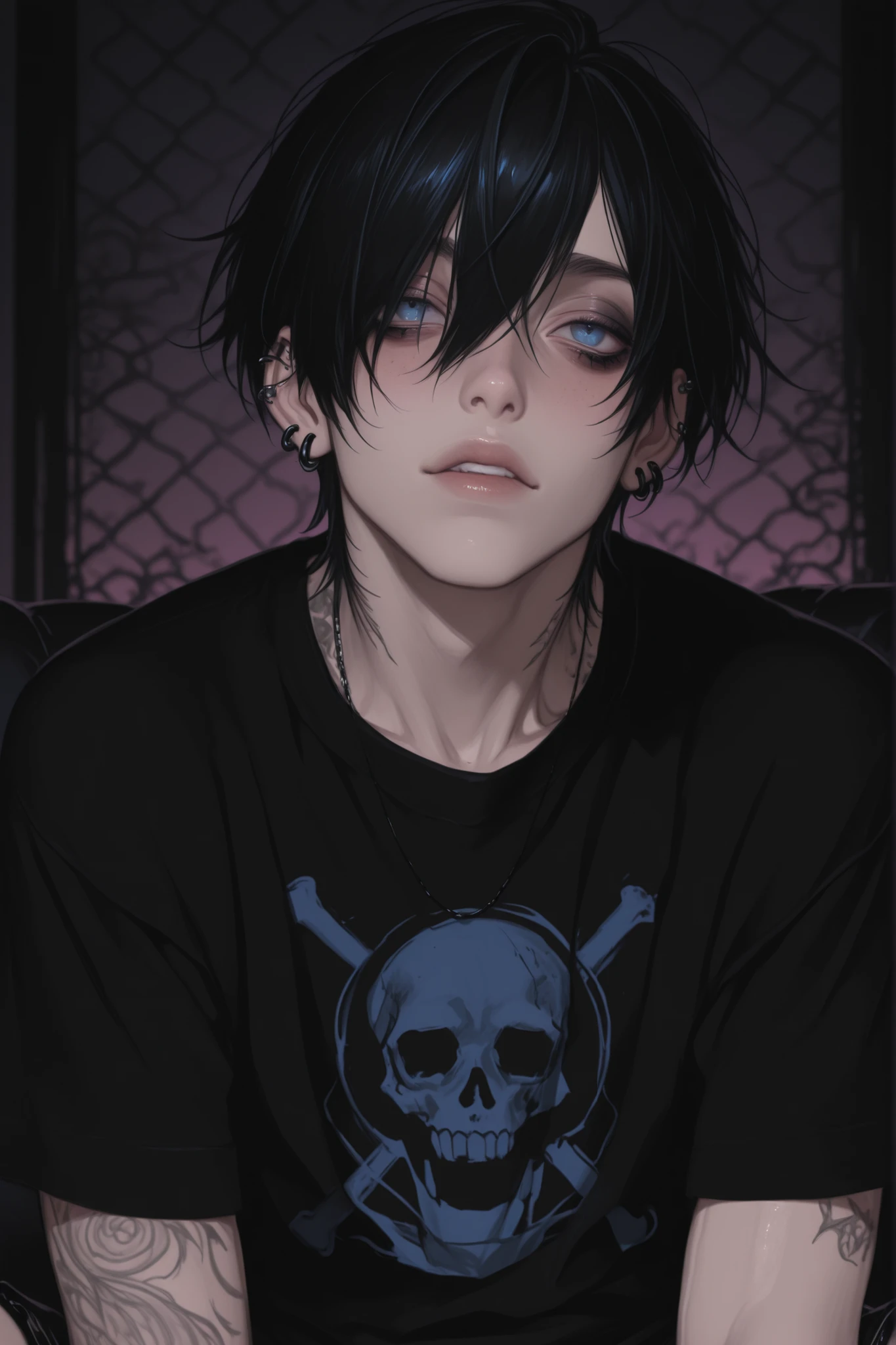 Young adult, 1boy, femboy, emo, goth, black hair, blue eyes, bold style