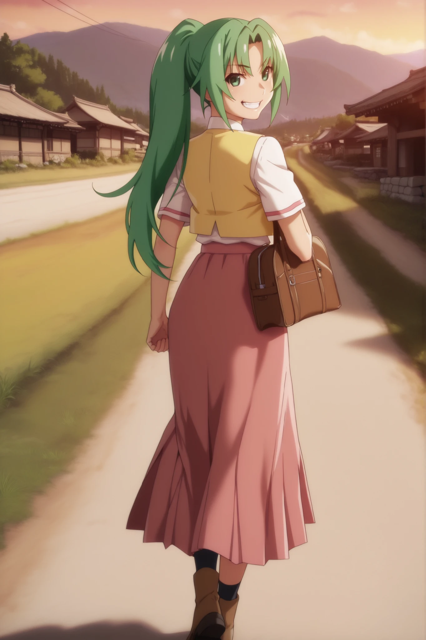 (masterpiece), absurdres,best quality,amazing quality, outdoors, japanese village, country road, summer, evening, dutch angle, from behind, Mion Sonozaki (character), sonozaki mion, 1girl, solo, long hair, green hair, green eyes, looking back, grin, ponytail, Mion school uniform (outfit), long skirt, necktie, yellow vest, red necktie, pink skirt, white shirt, short black socks, brown ankle boots, brown school bag, running