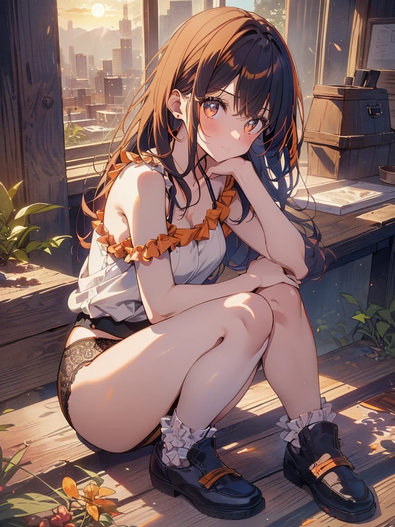 ((Masterpiece)), ((best quality)), 8K, wide shot, (morning), Very messy medium hair, (slightly exposed breast), Beautiful small breasts, (Tattered white bra, torn white bra), dirty white bra, Slender body, (Waving at the river), (rusty, dirty iron bridge), Sweaty skin, Smiling face, Textured skin, Cat ears, Pale brown hair, Cute Beautiful Girl, (View of the sea and slums)