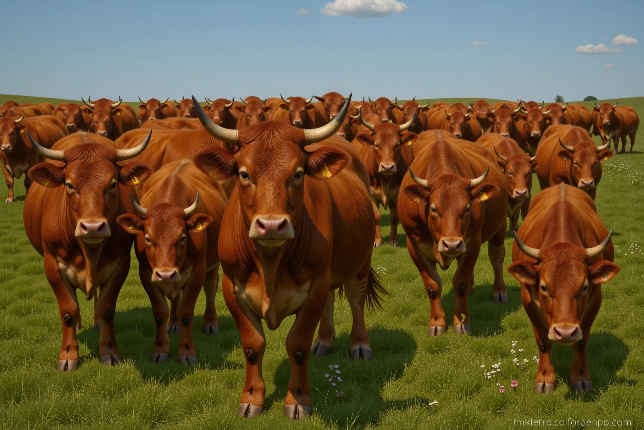 A realistic image of a herd of red cattle in a green pasture under a blue sky.