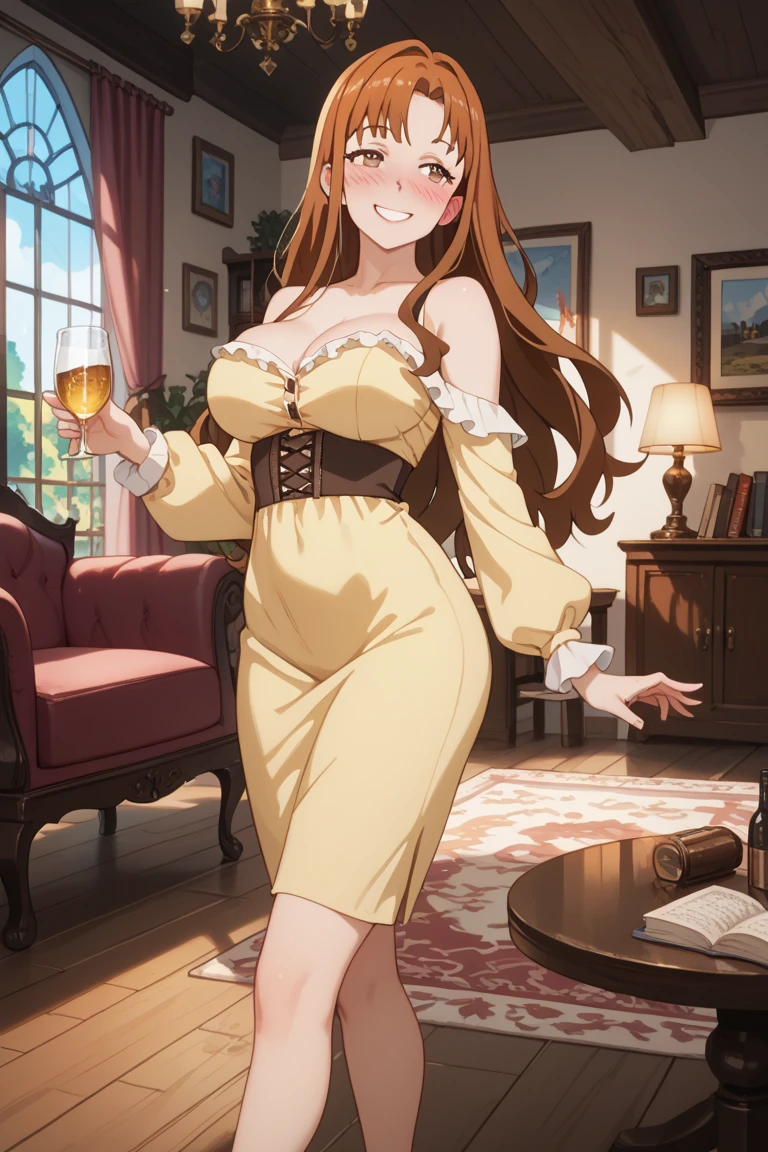 Masterpiece, ((ultra detailed background, delicate pattern, intricate high detail)), (highly detailed, finedetail), Best quality, beautiful lighting, ((seins moyens, fille mince)), NamiFinal, ((chemise blanche, Jupe rouge)), Chemise simple, 1fille, cheveux orange, seulement, cheveux longs, joaillerie, yeux bruns, sourire, earrings, covered shoulders, (complex detailed background, dedans, room environment, murs en bois, window, rayons lumineux), (Tir de cowboy),