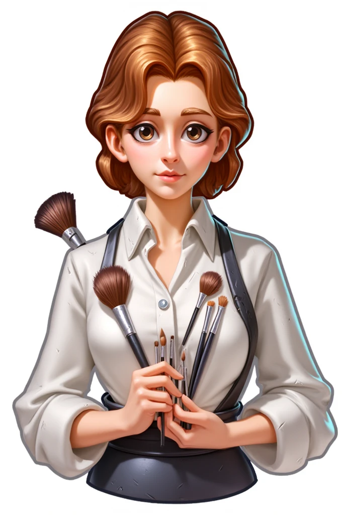Game icon Girl makeup artist with brown hair and attentive eyes stands, holds cosmetics and brush in her hands, white background