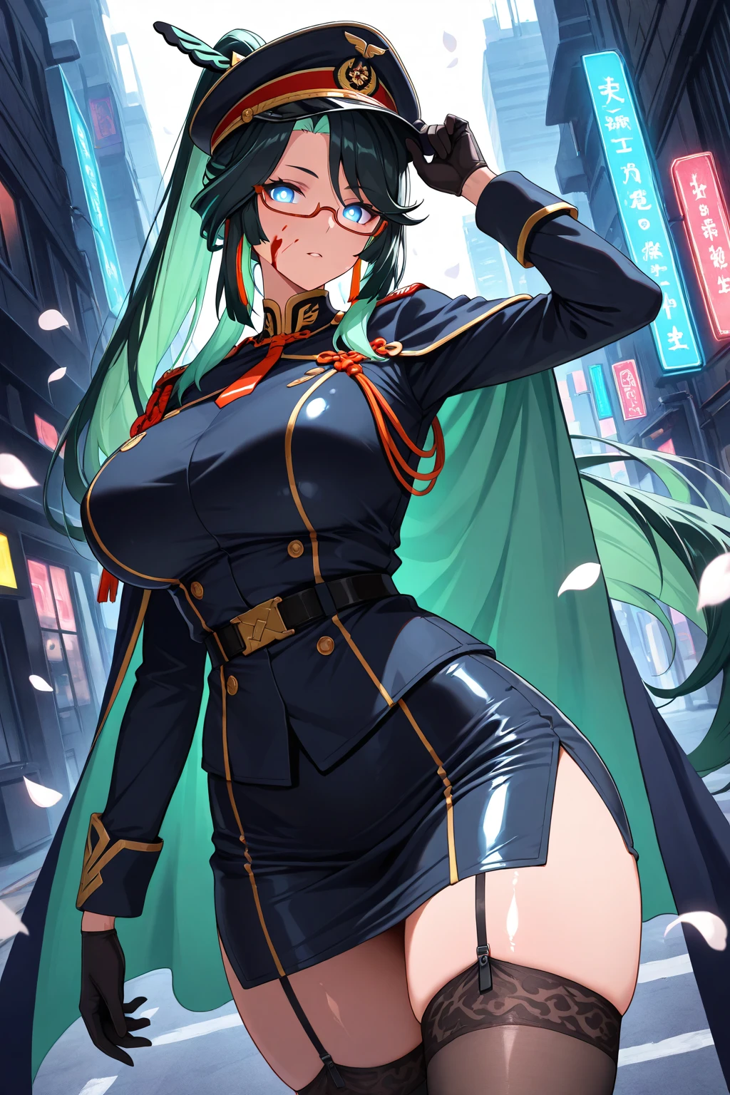 Highly detailed, anime, 1 girl, fuchsia colored hair, split-color hair, prinz eugen's hairstyle, sage-green colored hair, busty, thicc body, special agent clothes, serious expression.