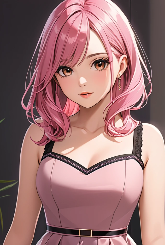 (masterpiece), (best quality), ultra realism, 1female half body, (long_ponytail wavy tip pink color hair), (hair over one eye), wearing a spaghetti strap floral dress, detailed beautiful eyes, small eyes, hand showing V-sign, detailed exquisite face, adult face, perfect anatomy, dynamic pose, intricate details,