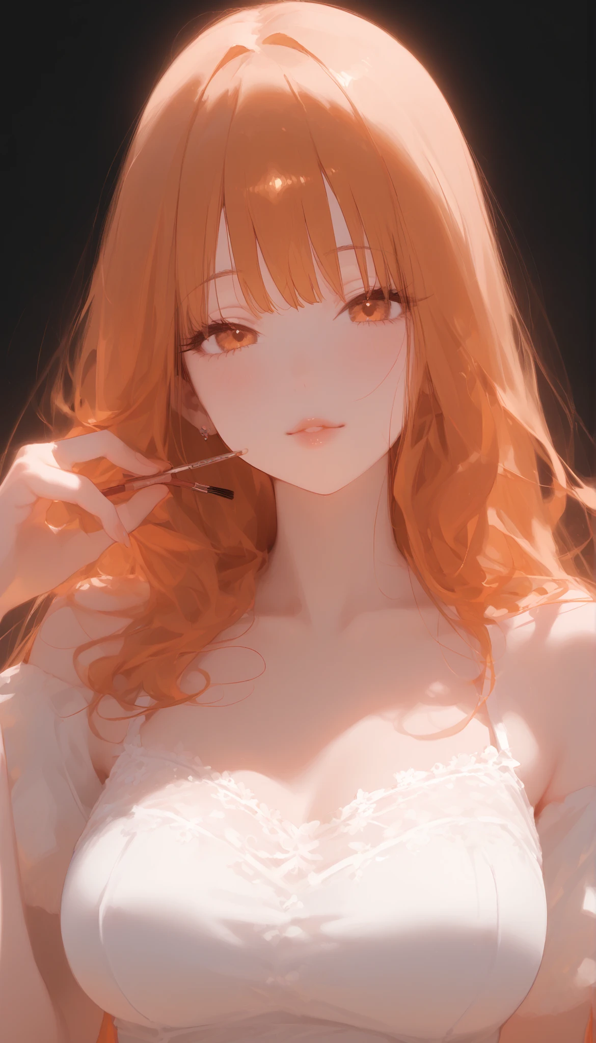 1woman, Alone, super long hair, Orange gradient hair, The gesture of brushing back bangs with the right hand, clear skin, lace blouse, large breasts, skiny, Gaze upwards, Simple background, Black and white background, upper body, Sexy lips, Glossy lips,