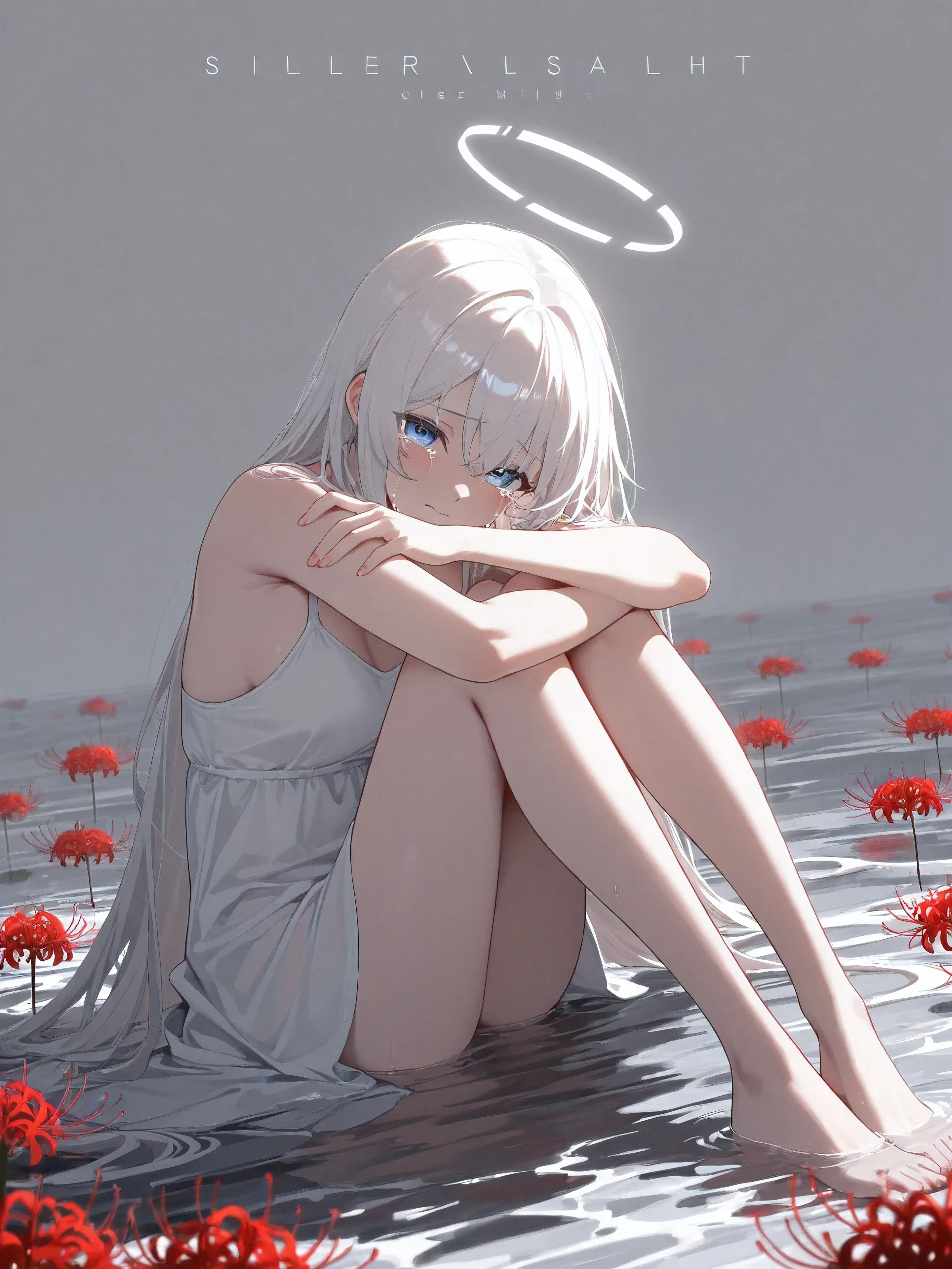 masterpiece:1.2, best quality, ultra-detailed, super_detail, finely_detailed, perfect_anatomy, 1girl, long white hair, tearful eyes, ((crying:1.3)), sad expression, emotional vulnerability, white one-piece dress, barefoot, curled posture, knees to chest, ((sitting on still water:1.3)), single red spider lily beside her, vivid red contrast, solitude and memory, endless shallow water, soft ripple effect, (desaturated color tone:1.2), pure white to pale gray void background, no horizon, featureless space, emotional emptiness, looking up at viewer, eye_contact, viewer_focus, mid angle, soft high-angle, cinematic emotional shot, medium-distant composition, minimalism, soft ambient light, (light_white_particle:1.2), cinematic emotional still, fake_magazine_cover, modern layout, cover headline, logo at top, fashion magazine style, (highly detailed skin:1.2), defined facial features, detailed eyes, 8k uhd, film grain, Fujifilm XT3
