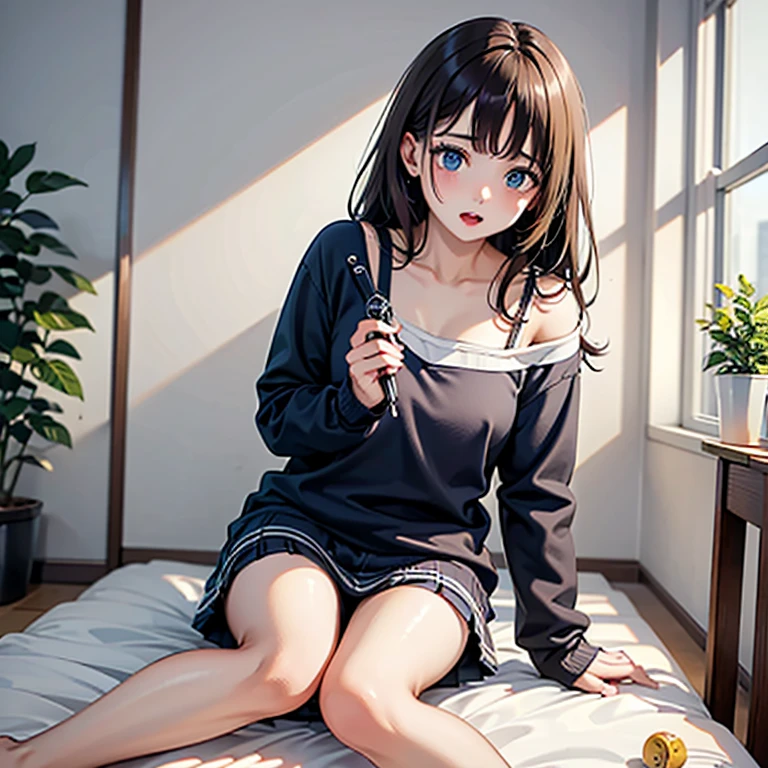 (child),(masterpiece,Top quality),sleeping in bed,Turquoise miniskirt with white plaid pattern,black hair,night,night景