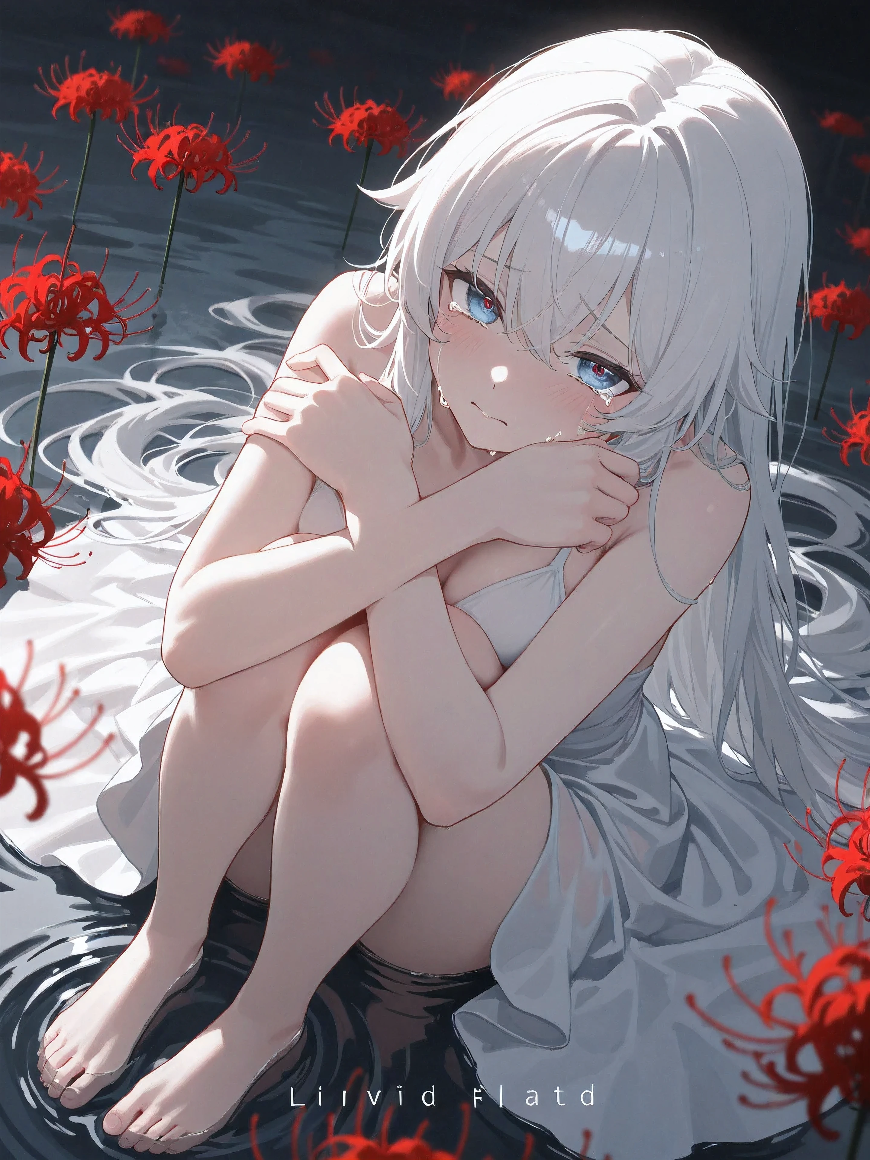 masterpiece:1.2, best quality, ultra-detailed, super_detail, finely_detailed, perfect_anatomy, 1girl, long white hair, tearful eyes, ((crying:1.3)), sad expression, emotional vulnerability, white one-piece dress, barefoot, curled posture, knees to chest, ((sitting on still water:1.3)), single red spider lily beside her, vivid red contrast, solitude and memory, endless shallow water, soft ripple effect, (desaturated color tone:1.2), pure white to pale gray void background, no horizon, featureless space, emotional emptiness, looking up at viewer, eye_contact, viewer_focus, mid angle, soft high-angle, cinematic emotional shot, medium-distant composition, minimalism, soft ambient light, (light_white_particle:1.2), cinematic emotional still, fake_magazine_cover, modern layout, cover headline, logo at top, fashion magazine style, (highly detailed skin:1.2), defined facial features, detailed eyes, 8k uhd, film grain, Fujifilm XT3