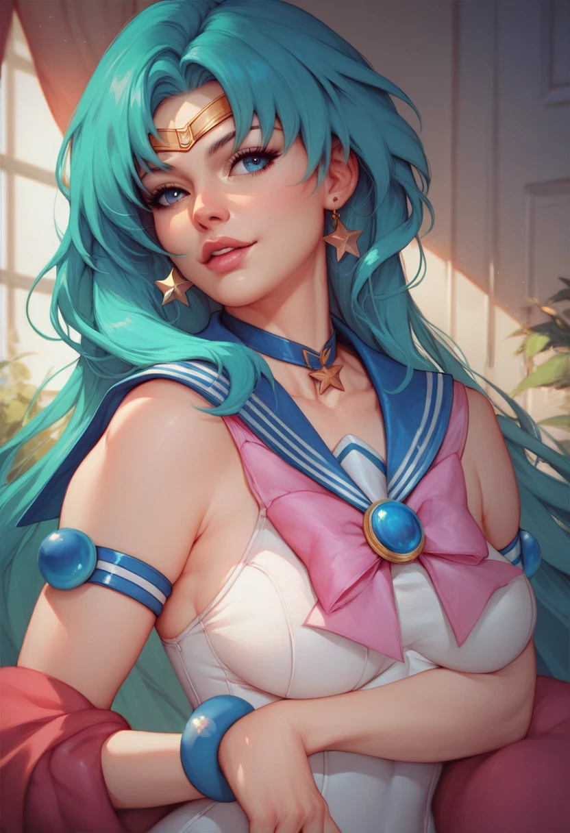 solo、sailor_senshi_uniform、sailor_neptune、magical_girl、gloves、white_gloves、1girl、aunty、mature、A MILF、Older、age 40s、bow、leotard、white_leotard、highleg_leotard、aqua_skirt、pleated_skirt、rating:safe、breasts、lagre_breasts、big_breasts、navy_breast_ribbon、aqua_hair、blue green_hair、medium_hair、semi-long_hair、wavy_hair、kaiou_michiru、MILF、blue_bow、covered_navel、jewelry、aqua_sailor_collar、v、breasts、choker、skirt、earrings、back_bow、smile、blue_eyes、bare_leg、circlet、open_mouth、looking_at_viewer、star_(symbol)、:d、brooch、elbow_gloves、