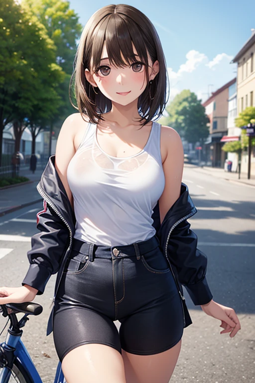 masterpiece, best quality,anime style, 1 girl,(((slender body))), (((small eyes,small breast,breast milk,breastfeeding a baby))),(((Jacket, Open your clothes, Open jacket, Blue jacket, ground vehicle, Sports Bra, bicycle,buruma,glasses))),(((((a big baby grabbing the girl))))),((((cum)))), (beautiful face), (((short twintail))), (((straight hair))), ((((black hair)))),detailed beautiful skin, (perfect hands, perfect anatomy)