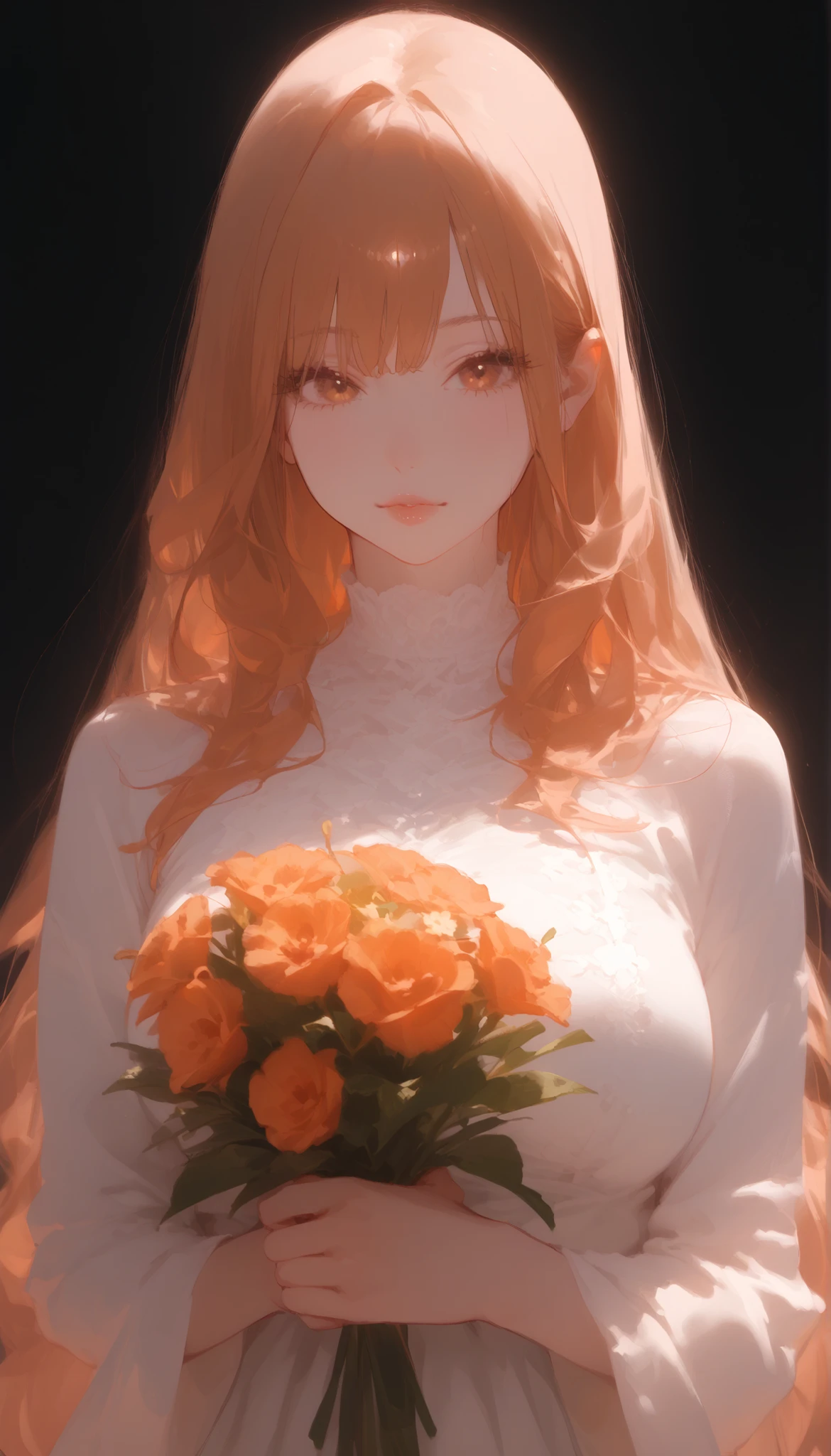 1woman, Alone, super long hair, Orange gradient hair, clear skin, lace blouse, large breasts, skiny, Gaze upwards, Simple background, Black and white background, upper body, Sexy lips, Glossy lips, holding a bouquet of flowers