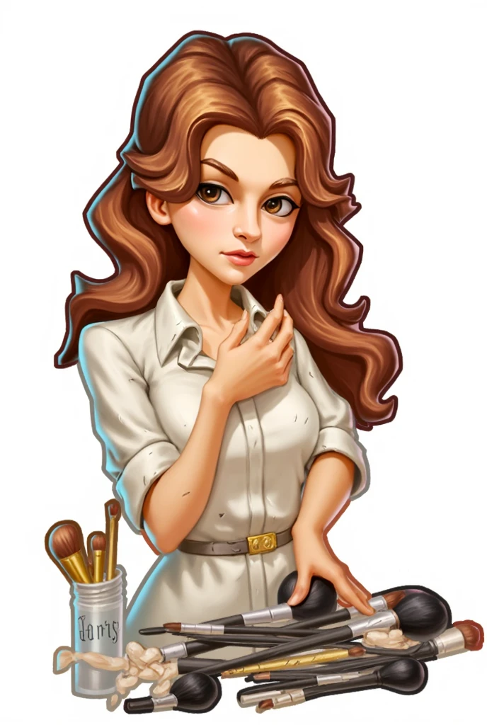 Draw a full-length portrait of a girl, add a palette of makeup to the table in front of her, and reduce the number of brushes.