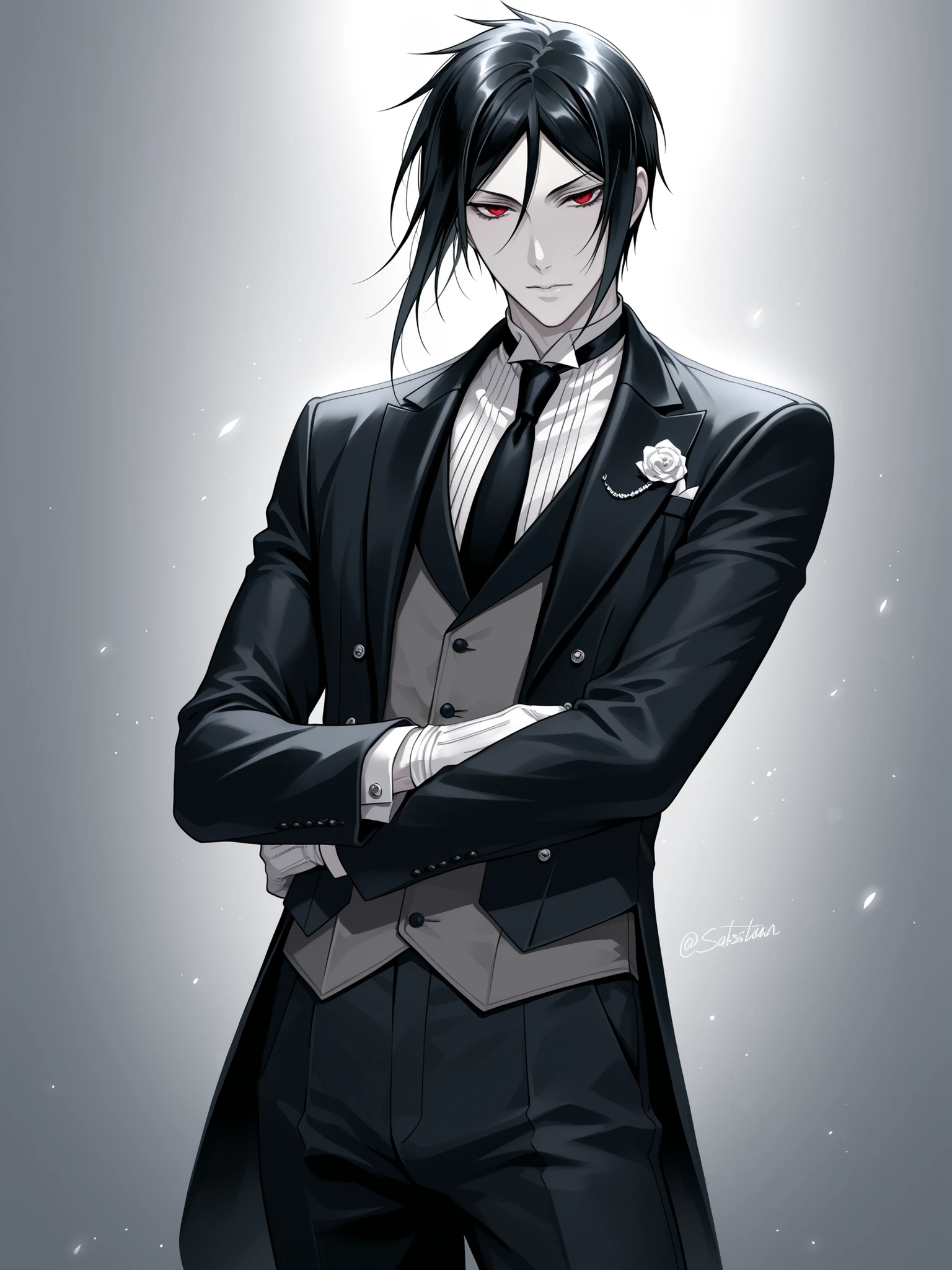 bishounen, tsurime, sebastian michaelis, high quality, red eyes, pale skin, black hair, mature male, tall, detailed suit and tie, posing,