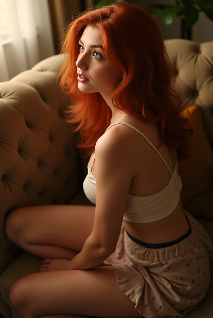 18 year old, bombshell, short red hair, huge breasts, crop top, panties, sitting in bed, curvy, ager, youthful.