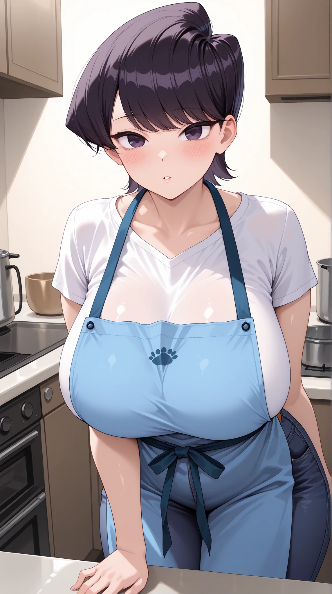 1girl, nsfw, short hair, yellow eyes, brown hair,, large breasts, nipple, , Peeing, lactation, projectile lactation, frozen, wet, crying ,, Naked, , (1girl) ,solo, Meat vendor