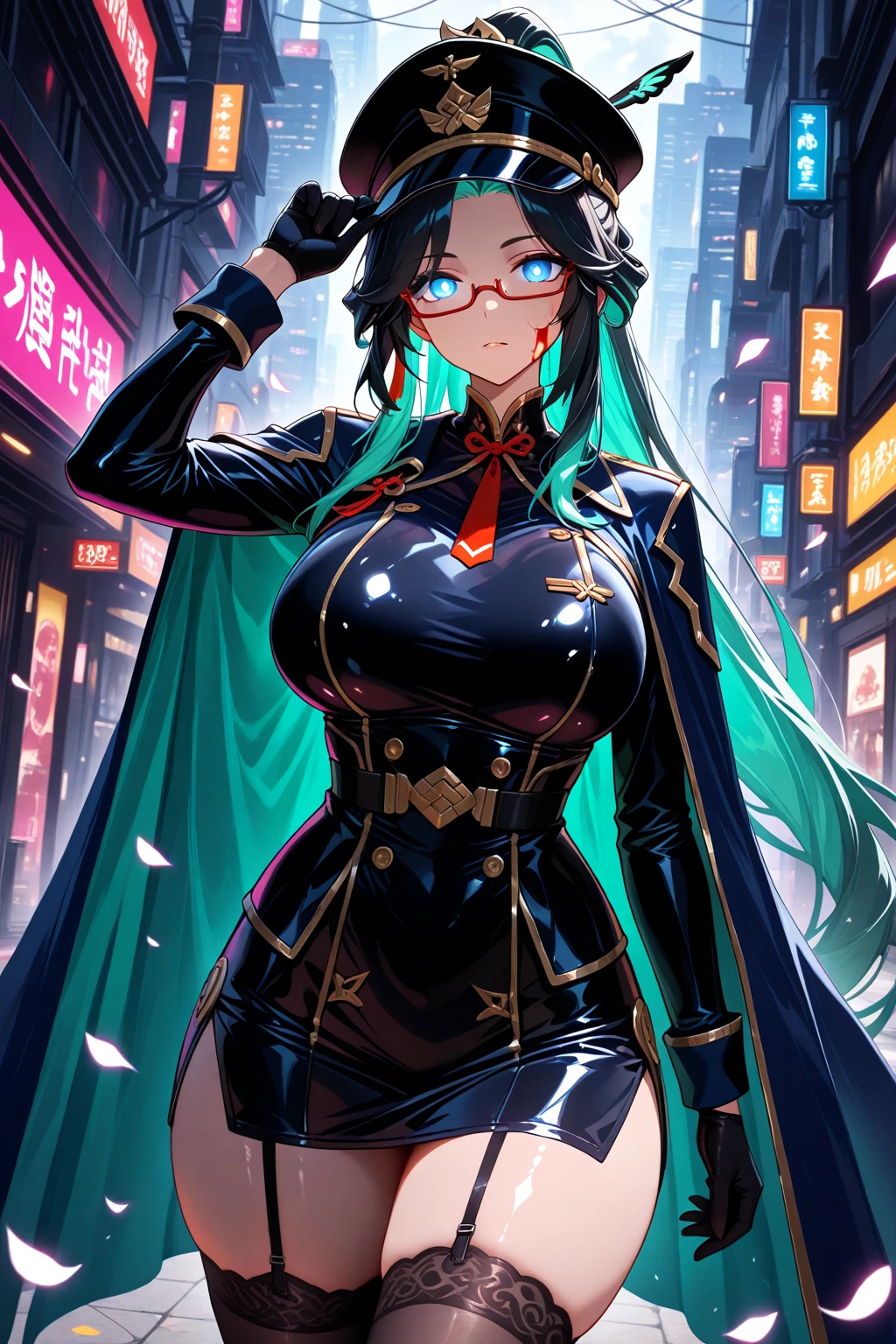 chinese idol mature woman black wavy hair with bangs ((Glasses)) black eyeshadow bewitching flashy makeup ((ネオン輝くcyber punkな派手な夜景)) ((Super glossy metallic green khaki enamel long coat with military uniform medal)) ((Super shiny metallic enamel knee high boots)) Tight miniskirt garter belt masterpiece 8K cyber punk Electric Punk Battlefield fluorescent pink lightning female general ((bright red plump lips)) duck mouth