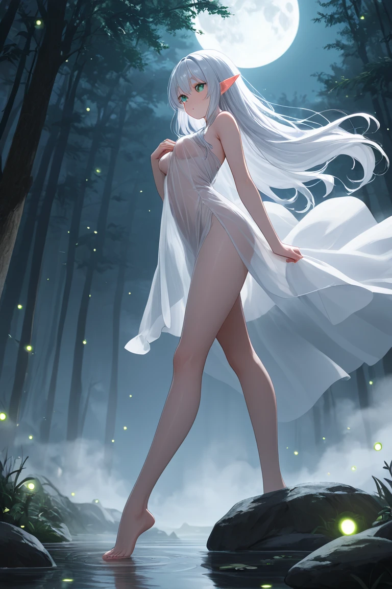 Starry sky, full moon, forest, elegant woman in dress, solo, bandeau dress, romantic dress, print, windblown dress, fashion dress, thin waist, light half-open dress, soft silk fabric, thin, revealing figure, elegant, flowing, summer, strapless