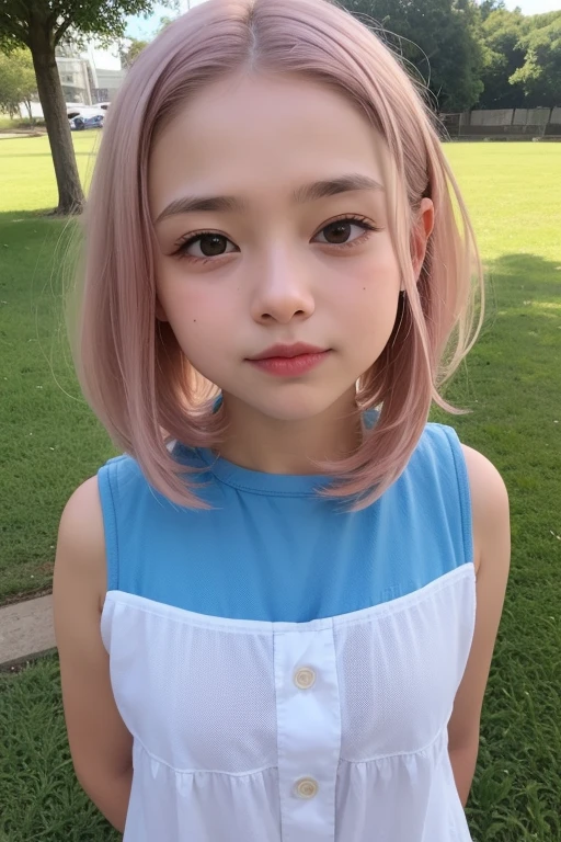 (8k high quality), (2d high quality), (high anime quality), (6 rs old beautiful young girl), (beautiful face), (beautiful model), (shining, short, straight w/ curve at the edge pink hair), (galaxy blue eyes, almond shape eyes), (shining smooth skin), (prominent nose), (rounded jawline), (beautiful thin eyebrow), (beautiful wristwatch), (beautiful silver necklace with heart pendant), (beautiful white school uniform), (grinning face)