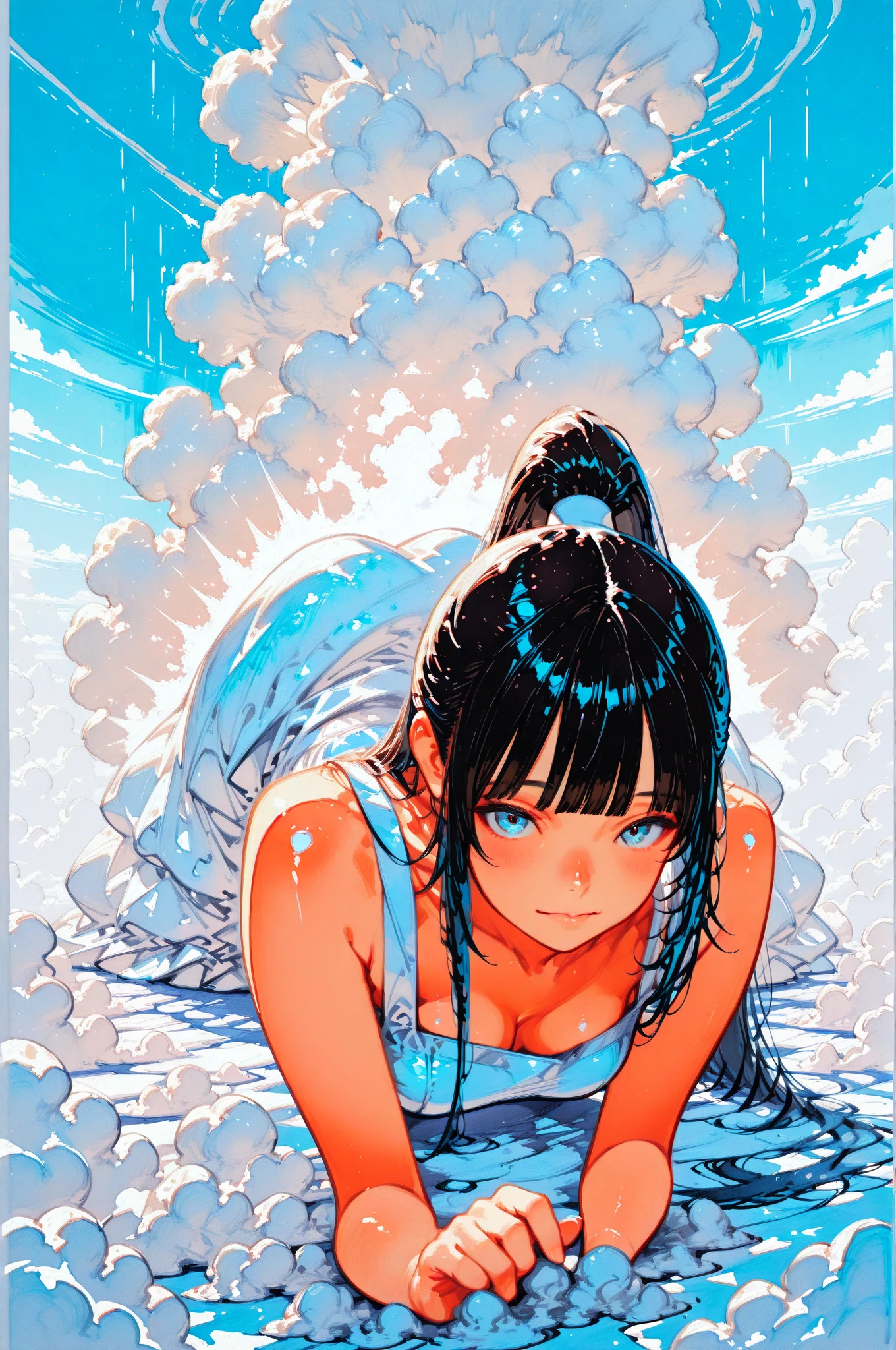 {{{masterpiece}}}, {{{best quality}}}, {{ultra-detailed}}, {illustration}, {{an extremely delicate and beautiful}},bikini tan,black hair,Blue eyes,water eye,Small breasts, tits, Wet and slimy, Shiny wet skin!!, Enchanting anime girl,Watery eye,,one woman,steam,blush,Raise eyebrows,hime_cut,One female,(cowboy shot:1.3). (looking down:1.3),(crotch focus:1.2). upside down. (look down:1.3),Uterus,crotch grab
