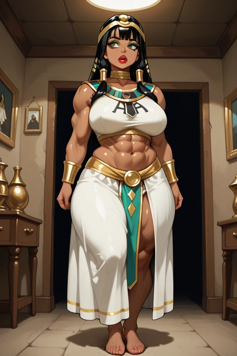 ((side profile)), ((full body view:1.4)), ((masterpiece)),(((best quality))), ((egyptian empress, mature face)), ((middle eastern eyes:1.4)), ((Vulture crown:1.4)), (((septum piercing)), defined cheekbones, high cheekbones, illustration, ((muscular:1.3)), ((gold:1.4)), sexy bimbo, (gigantic breasts:1.7) ((long Egyptian headpiece)), black hair, ((detailed face:1.4)) beautiful woman, (egyptian:1.4), colored skin, (white skin:1.4) , (red lipstick:1.4), shiny skin, ((skindentation)), scribbles and marks,(puffy lips:1.4) , (temple: 1.5), ( at night: 1.5), rough sketches, pose, 8k,16k, ( background, white background: 1.3) ((warm color palette)), ((ancient aesthetic))