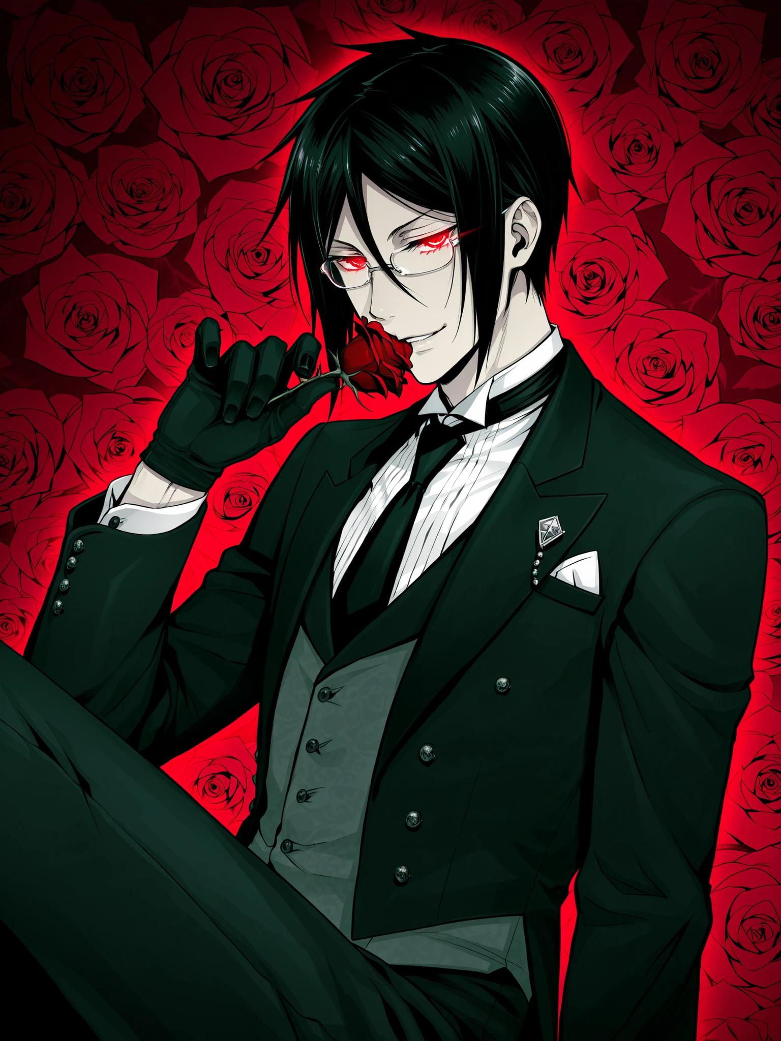 sebastian michaelis, solo 1boy, glowing, light smile, gloves, buttons, collared shirt, glowing eyes, male focus, black nails, necktie, suit, hair between eyes, tuxedo shirt, jitome, victorian, butler, biting, short hair, glasses, butler outfit, from front side, sit, devil smile, looking at viewer, rose background