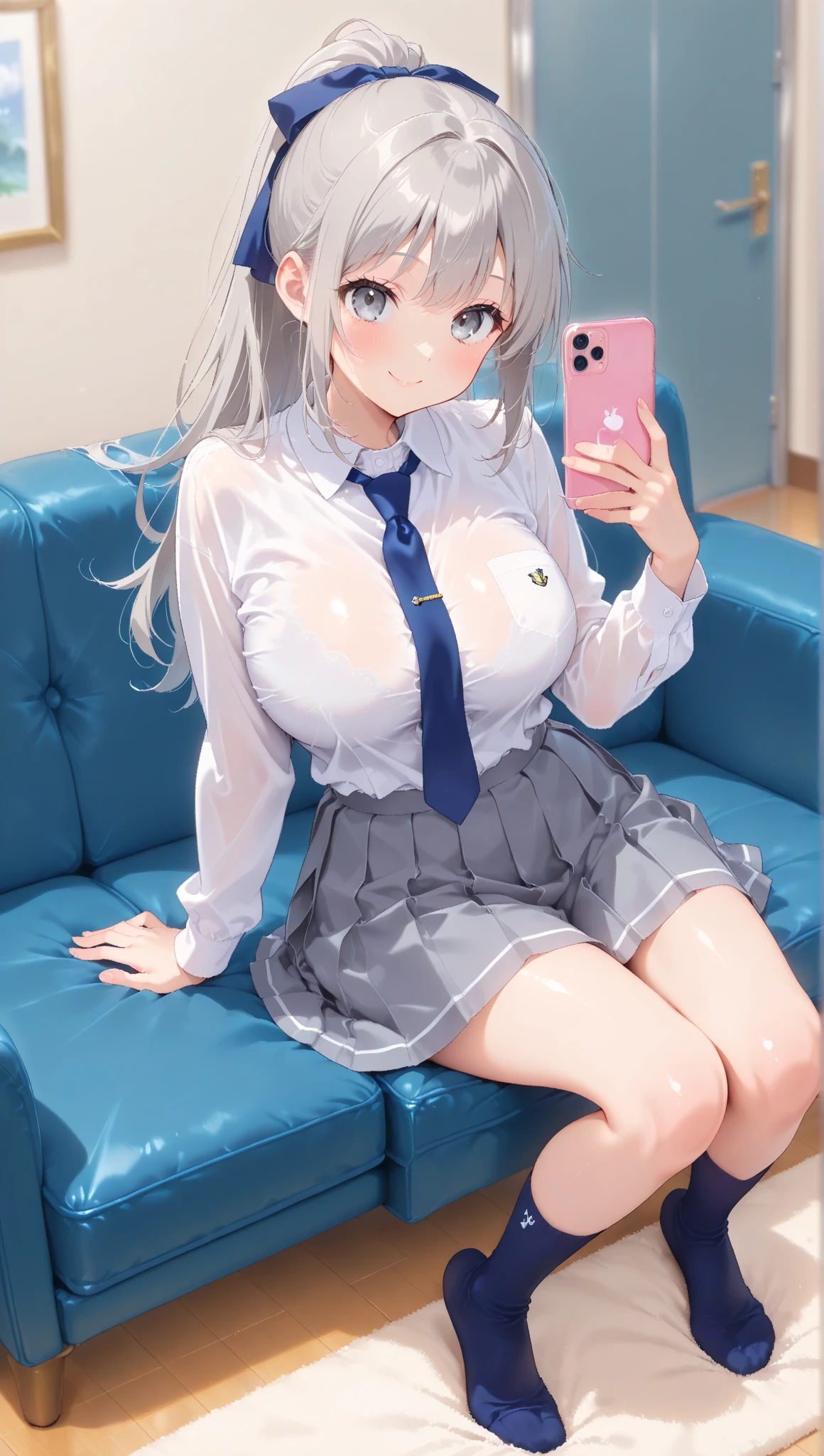 (masterpiece), (Highest Quality),  highly detailed and expressive eyes , ((perfect eye side by side:1.1)),perfect face, Highly Detailed Faces, Highly Detailed Faces,  Delicate and beautiful face and eyes, 1 girl on break day  （サイドponytailヘア:1.1）((Grey Long Hair,Grey Eyes,))Big Breasts:0.9 ,(Pastel green panties:0.5), navy blue socks, cool smile, Pleated Skirt, ponytail, dress shirt, long sleeve,  navy blue tie 、shiny skin, (full body),Sofa,has a smartphone,Dynamic Poses,Sofaーに寝ている