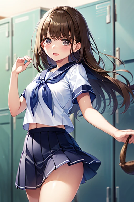 NSFW、Primary school students、child、Long Hair、((Small breasts、Small 、体型、Angry、Wounded Body、Blue ribbon))、((See-through uniform、mini skirt、garter belt、Fishnet tights))、Walking through the school corridors、Sweating profusely