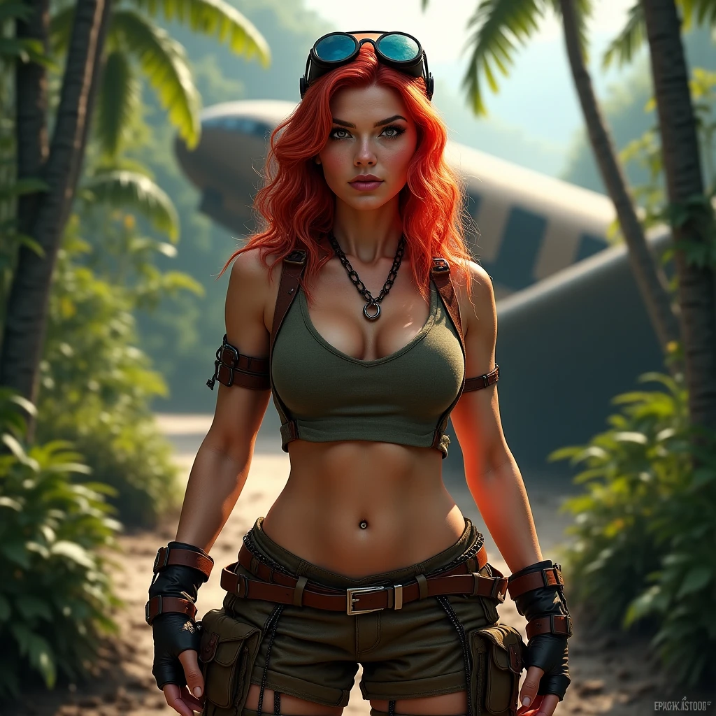 digital illustration, solarpunk, female, explorer, jungle