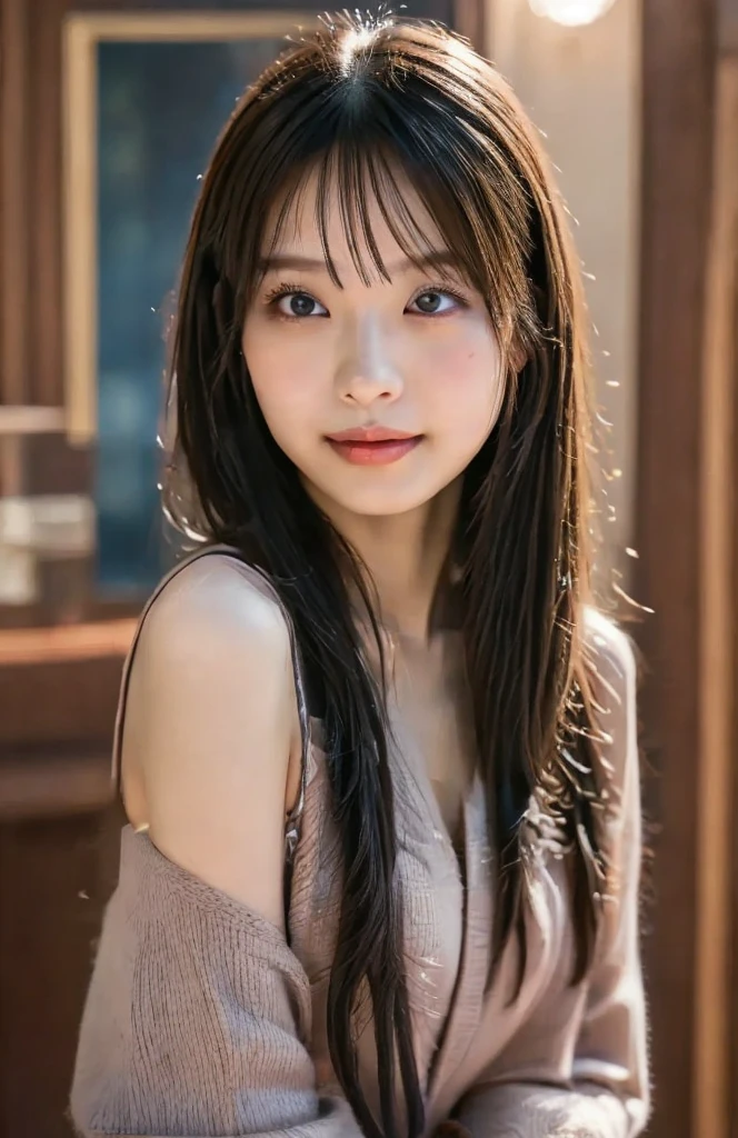 (Photoreal:1.4), (Super detailed), (highest quality), (best shadow), (masterpiece), ultra high resolution, 1 female, alone, bob hair, (purple blouse:1.2), (big breasts), smile, portrait, Depth of written boundary, With background: (living room)
