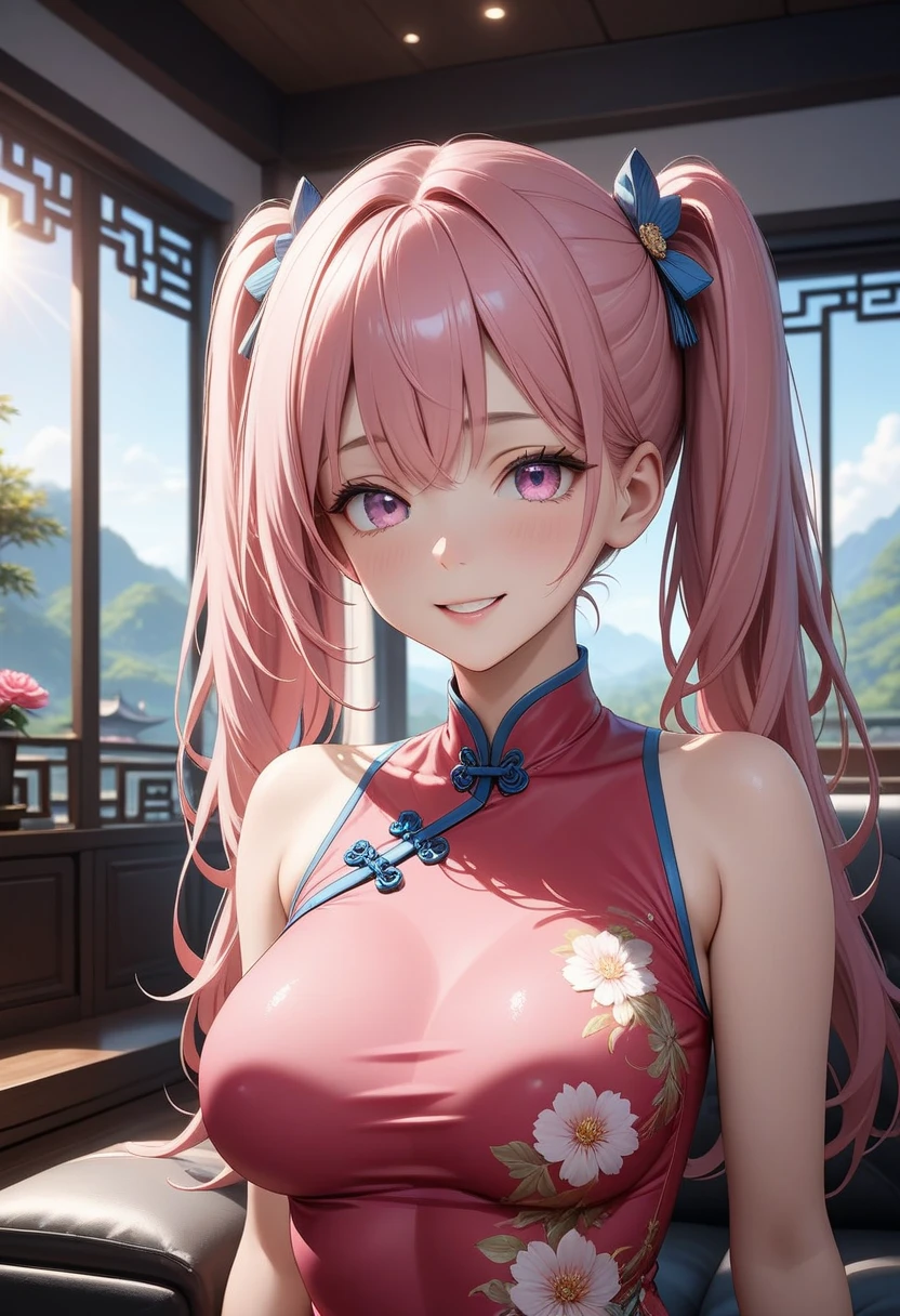 (8K, masutepiece, Best Quality, Official art, Breathtaking beauty and aesthetics, A highly detailed, beautiful lighting:1.2), (1 Girl, Solo), (16 years old), (Beautiful detailed face), (shiny white skin), (Beautiful big bust, cleavage:1.3), (Beautiful detailed pink twin tails hair, Bangs:1.3), (beautiful detailed drooping pink eyes:1.5), break, (Beautiful detailed black China dress, black See-through intricate lace, silver thread), break, (tights, high_gap, Beautiful detailed black garter stockings), (Beautiful Luxurious Diamonds Tiara), (happy cute smile:1.5), (Attractive, Elegant, Luxurious, Eye-catching, Graceful, Everyone loves it, Look at the camera, cute pose), (ultra detailed realistic Breathtakingly beautiful Luxurious room),