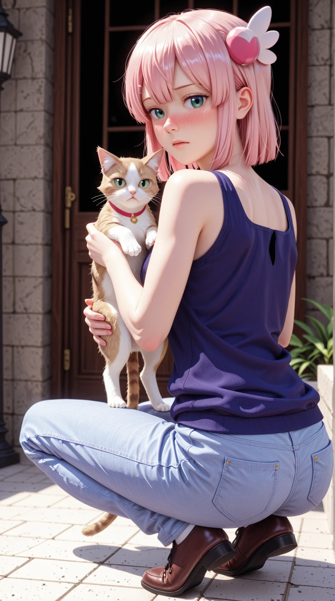 masterpiece、best quality、vivid、very aesthetic、high contrast、Realistic Portraits、8K, Detailed Faces、detailed texture、detailed skin、detailed eyes、looking back, looking at viewer, full body, soro, Holding a cat, full-face blush, 1girl, chiyoda momo, machikado mazoku