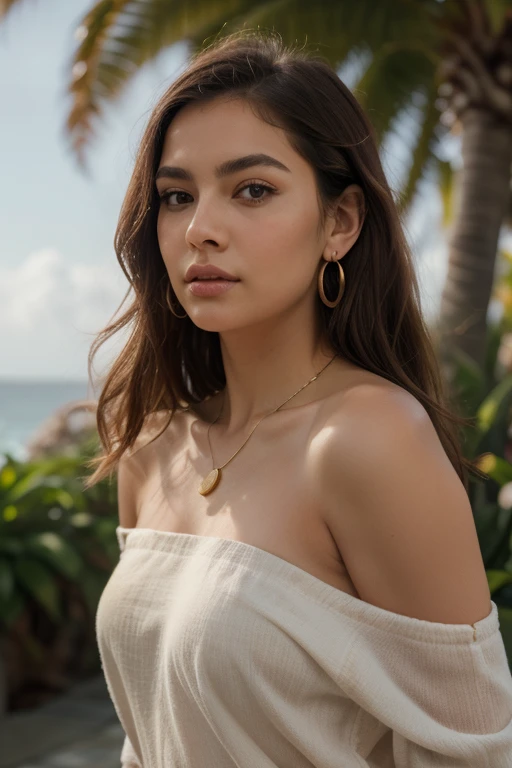 Create an ultra-realistic and naturally detailed image of a stunning Latina woman in her mid-20s. She has long, rich dark brown hair, with subtle highlights, that falls in soft, natural waves down her back, each strand visible and textured. Her skin has a warm, sun-kissed glow with slight imperfections that add authenticity, like faint freckles across her nose and cheeks. Her deep brown eyes are strikingly lifelike, with intricate details in the iris and a soft, natural reflection of light, surrounded by naturally thick lashes.

Her high cheekbones and full lips, slightly parted and tinted with a natural shade of red, convey a sense of effortless beauty. The subtle, natural makeup enhances her features without overpowering her natural look. She wears an elegant, form-fitting red dress made from a soft, silky material that clings to her body in a way that is both flattering and realistic, with the fabric showing slight creases and folds as it drapes over her curves.

Her jewelry is delicate and minimal—a thin gold necklace with a small pendant that rests naturally against her collarbone, small hoop earrings, and a simple gold bracelet. The gold has a slightly worn, matte finish, adding to the realism.

The background is a lush, tropical setting with highly detailed, vibrant green foliage and colorful flowers in various stages of bloom. The sunlight filters through the leaves, casting dappled light and shadows across her face and body. The atmosphere feels warm and inviting, with a slight breeze indicated by the gentle movement in her hair.

Her expression is confident and relaxed, with a slight, natural smile that conveys a sense of ease and presence. The overall composition emphasizes extreme realism, with every detail—from the texture of her skin to the way the light interacts with her surroundings—crafted to enhance the natural beauty and authenticity of the scene.