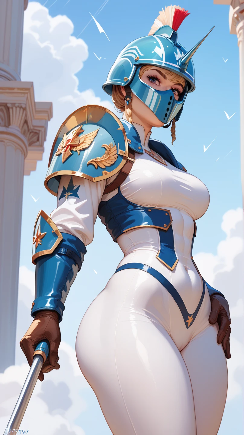 ((Radiant Aura:1.7)), 8k ((back view:1.0))((gigantic thighs:1.8)) (gigantic ass:1.6),(large eyes:1.3), defined cheekbones, ((looking back:1.4)), ((the pit style:1.4))((ballerina:1.6)) ((bodysuit:1.4)), ((tiara))((intricate details:1.4))detailed face:1.5), blue skin,(puffy lips:1.5) (blue skin:1.6), (bald woman:1.7), (skinhead) ((sexy pose)),(Muscular:1.3), (((gigantic breasts:1.6))), )highly detailed, majestic, digital photography, art by artgerm and ruan jia and greg rutkowski, ((metal shoulder pads:1.2)), (masterpiece), sidelighting, intricate details, black and blue color palette, blue legs, blue ass, white upper body