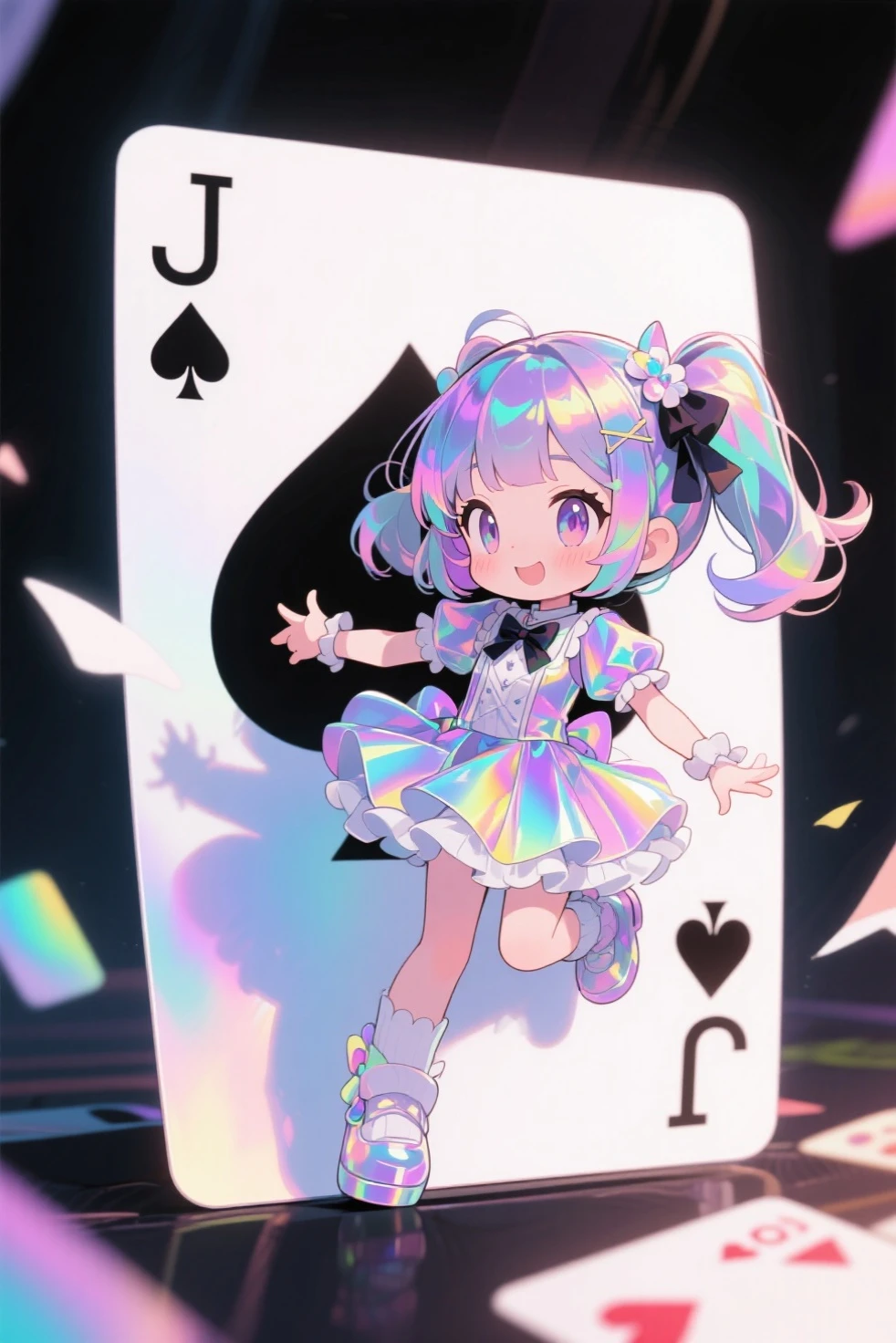 A Jack of iridescent Spades playing card with a cute, dressed up chibi girl, anime style