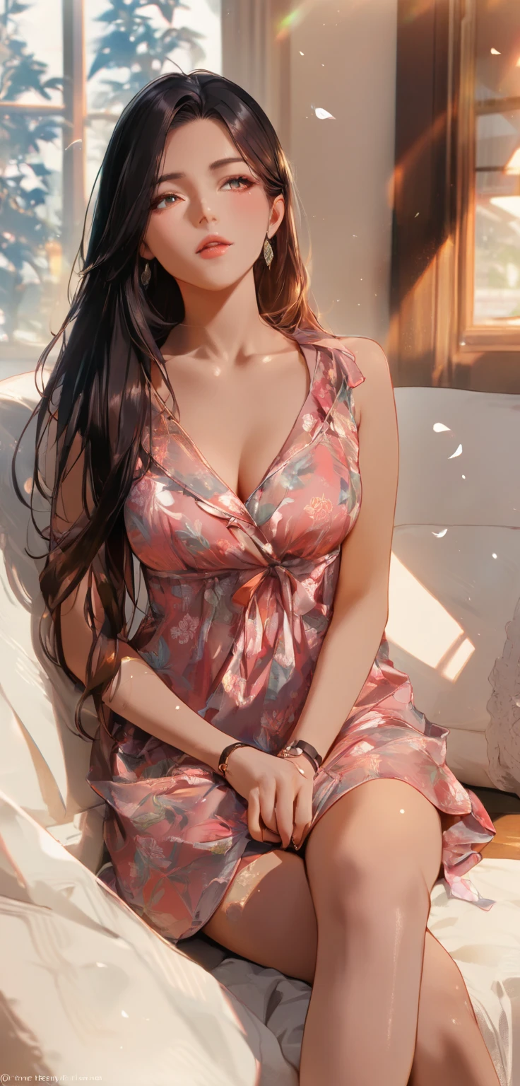woman, printed sundress, sitting pose, countryside lake, perfect body, large breasts