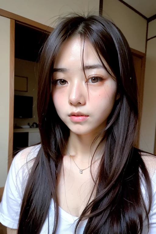 A young 23 year old Asian woman, de pele clara e cabelos pretos, sentada em frente a seu computador gamer em seu quarto. The room is lit by LED lights, with posters and gaming accessories on the wall.