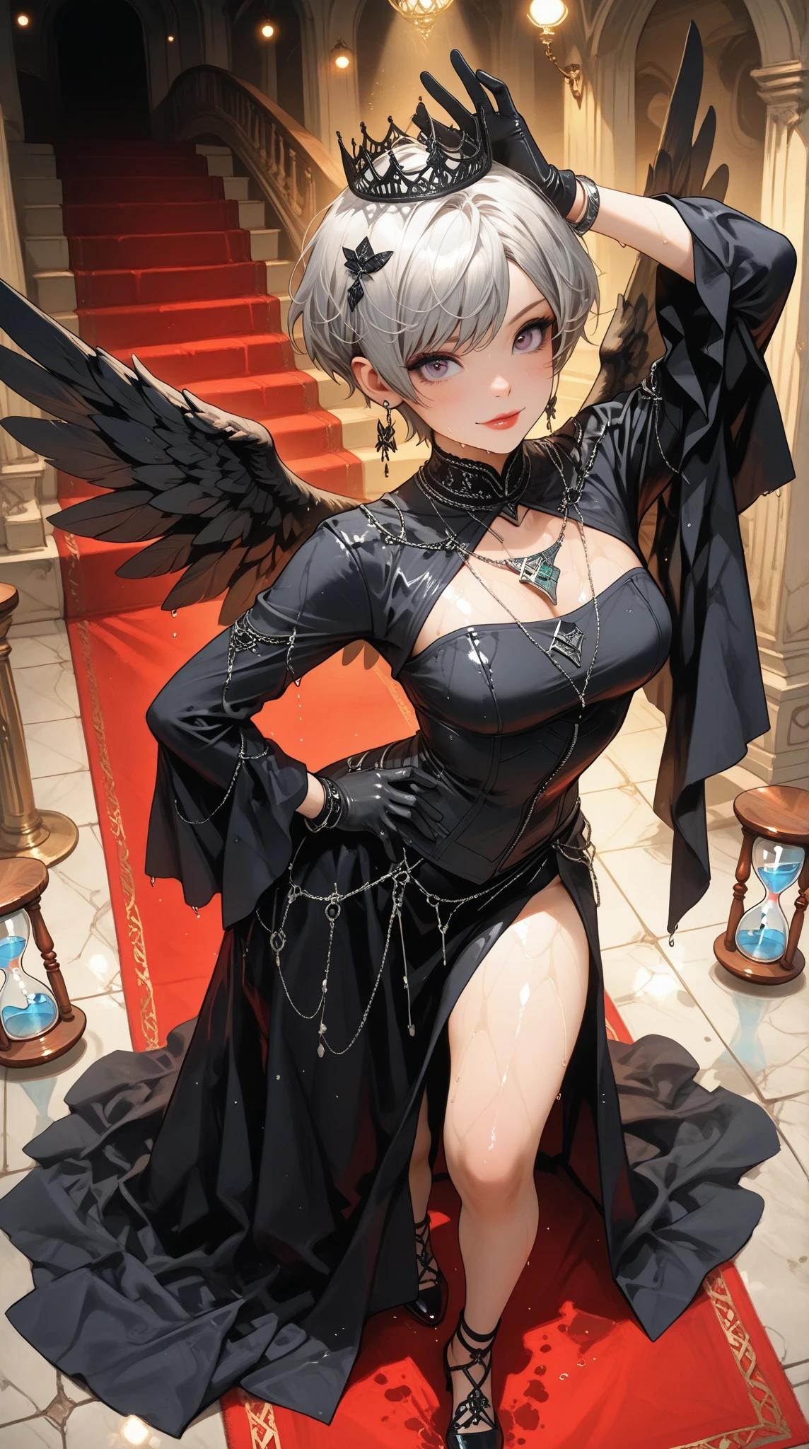 (((perfect quality, perfect anatomy, perfect body, beautiful, masterpiece, ultra detailed, 32K))), 1girl, 17 years old, (shiny silver hair), (Airy bob cut, bang between eyes, beautiful hair, glossy silver eyes, beautiful eyes, twinkle eyes, large breast), 1 beautiful girl, cute face, beautiful face, pretty face, beautiful, best quality, good anatomy, BREAK
(Draconic Majesty-inspired dress, featuring elements of dragon scales and fire, with a color palette of emerald green and bronze:1.2),
(dress has a fitted bodice with a high neckline, adorned with intricate scale patterns in shimmering emerald and bronze thread, sleeves are long and dramatic, with flame-like appliques in metallic fabric),
(skirt is floor-length with a mermaid silhouette, crafted from layers of silk and organza, creating a flowing effect that mimics the movement of dragon wings, hemline is embellished with beadwork and fiery motifs:1.2),
(Accessories include a bronze tiara with dragon motifs and matching earrings, completing the regal and mystical look), Ballroom in a top-of-the-line hotel, SimplePositiveXLv2
