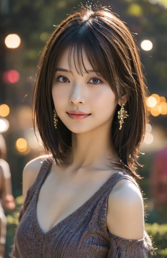 masterpiece, best quality, ultra-detailed, intricately detailed hyperdetailed, realistic, sharp features, highly detailed, sharp focus, 15 years old, (Japanese idol), perfect face, perfect symmetrically perfect eyes, perfect full lips, flexible female form, film light, hyper detailed, hyper realistic, high resolution, vibrant, dynamic studio lighting, short hair, Brown Hair, Shoulder Length Layered, asymmetrical bangs, brown Eyes, (Impish Smile:1.2),  cowboy shot,