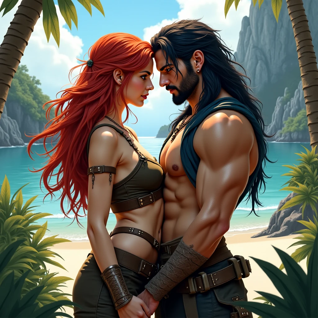 ((best quality)), (ultra - detailed),(dynamic angle), (Highest image quality) (Detailed eye description) ((masterpiece)) (((sylas and miss fortune))), hugging, ship deck, 1girl, 1boy, (((league of legends))), ((detailed: face)), outside, looking at each other, tender moment, muscular, sky, under the sun, ass grab, perfect anatomy, (ass grab), shirtless