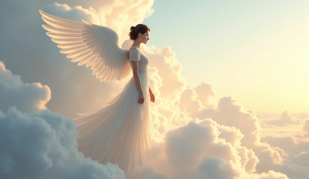 A girl flying in the sky.the age of the girl will be 25-27.She has wings.she is wearing a sky and white combination dress.she has flower in her hands.the sky has white clouds.some birds are flying with the girl.the image should look realistic