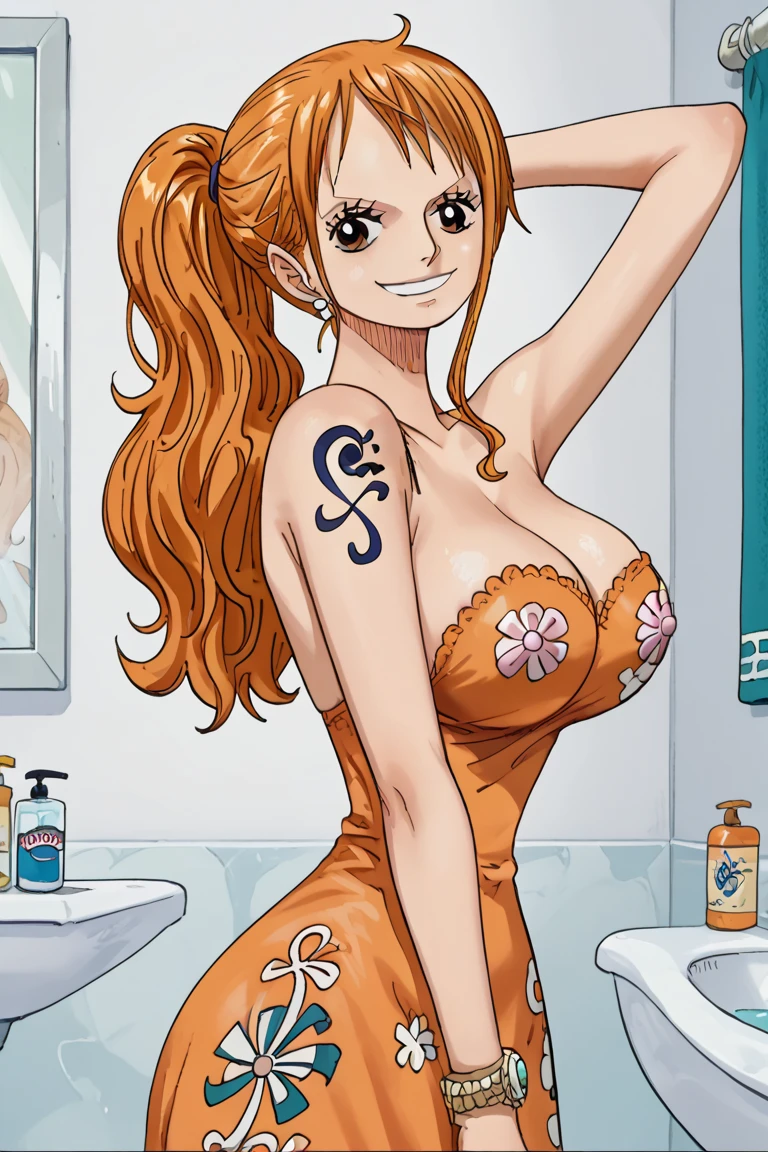 a cartoon picture of a woman in a bikini top and jeans, nami one piece, nami from one piece, nami, beautiful portrait of nami, from one piece, oppai, blue eyes, smoking, ponytail