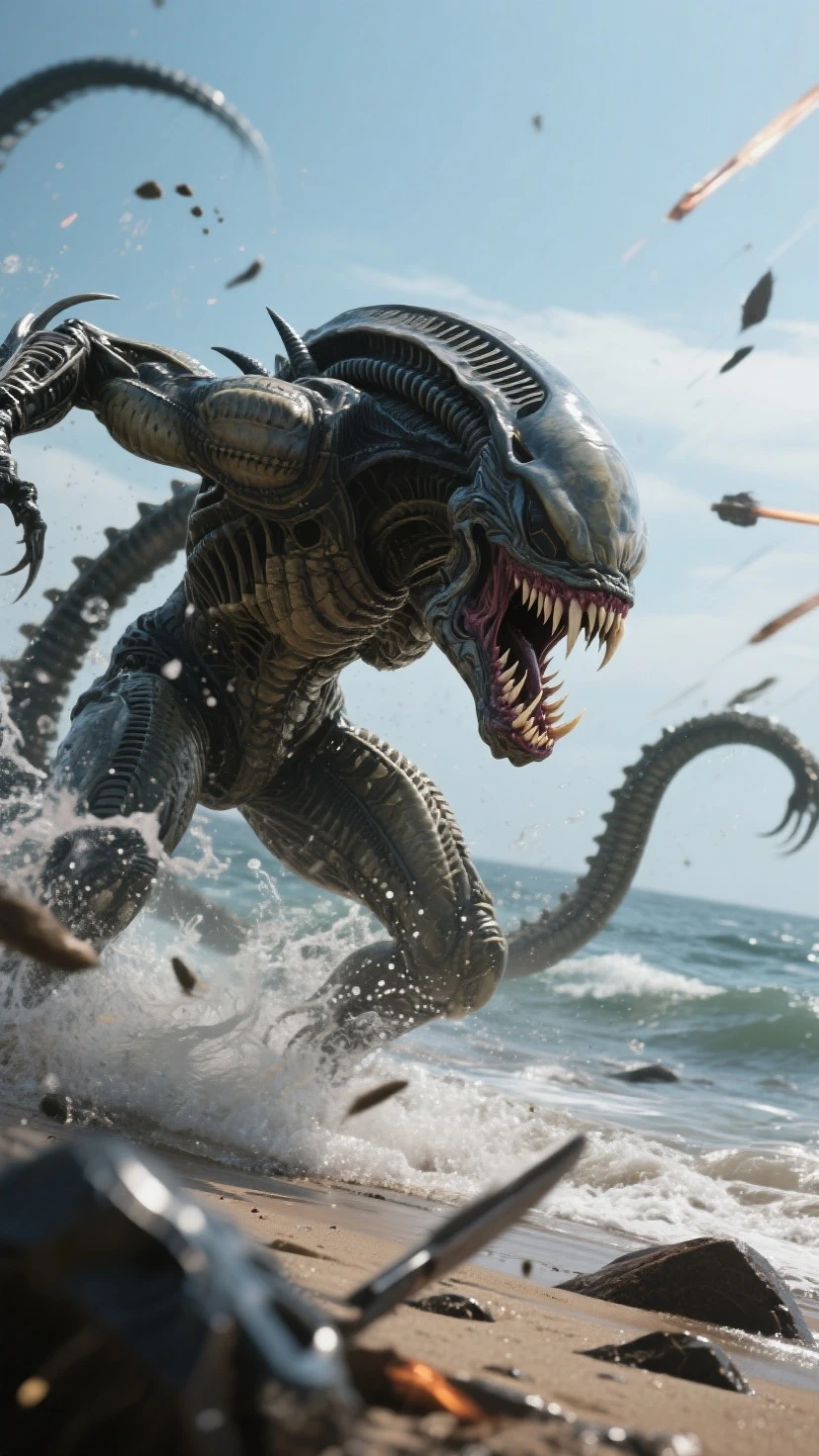 (photorealism:1.2), Xenomorphs playnig ball on a beach