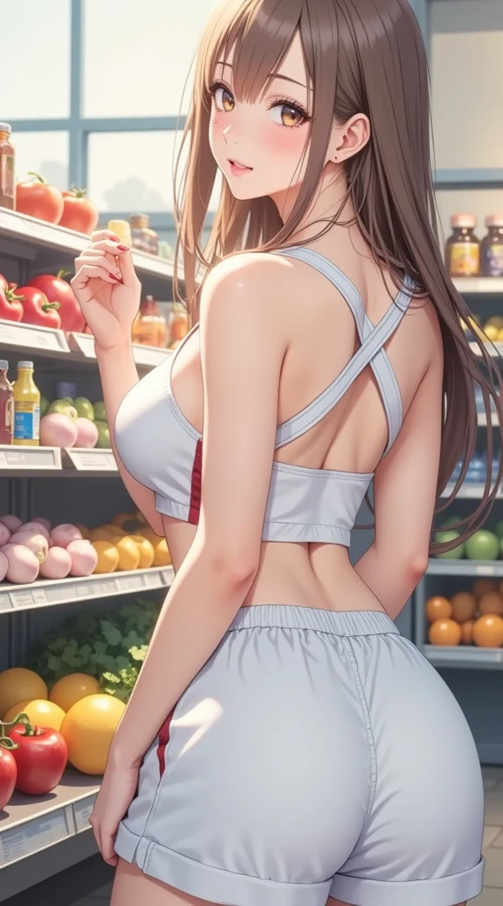 (((masterpiece, Highest quality, High resolution, 超High resolution, Perfect Pixel, Depth of written boundary, 4K, RTTX 10.0))), Beautiful Anime Woman, Beautiful art style, Anime characters, ((Smooth texture, Realistic texture, Anime CG Style)), Perfect and accurate finger count、Exact number of legs、(Exact number of arms:1.0, Exact number of hands:1.0), (Perfect hands, Perfect Anatomy), Cinematic, Realistic, Extremely detailed CG, Daytime lighting, Perfect lighting, Best Shadow, The best natural light, whole body, Perfect body, バランのとれたPerfect body, Perfectly balanced style, Soft body, ((bangs, Dark brown hair, Twin tails, High Up)), ((The back view of a cute adult woman walking:1.8)), ((Bow tie around neck:1.3), (Sexy and cute pink underwear:1.3), (Stylish shiny pink satin panties, Side-tie pink panties, Thin pink panties:1.4), (Pink micro lace satin bra, Pink bra with large lace trim around the edges, Light pink bra:1.4), (lace garter belt, Garter Strings, Knee socks:1.3):1.3), (Beautiful little butt:1.1), (Embarrassed expression:1.7), blush, (supermarket, Merchandise Shed, aisle, Many visitors in the background, Inside the crowded store:1.7), naked, back, In underwear, ブラとパンティとガーターベルトとKnee socksのみ, (Frilly maid headband:1.1), Angle from the rear, Close-up angle of butt in panties