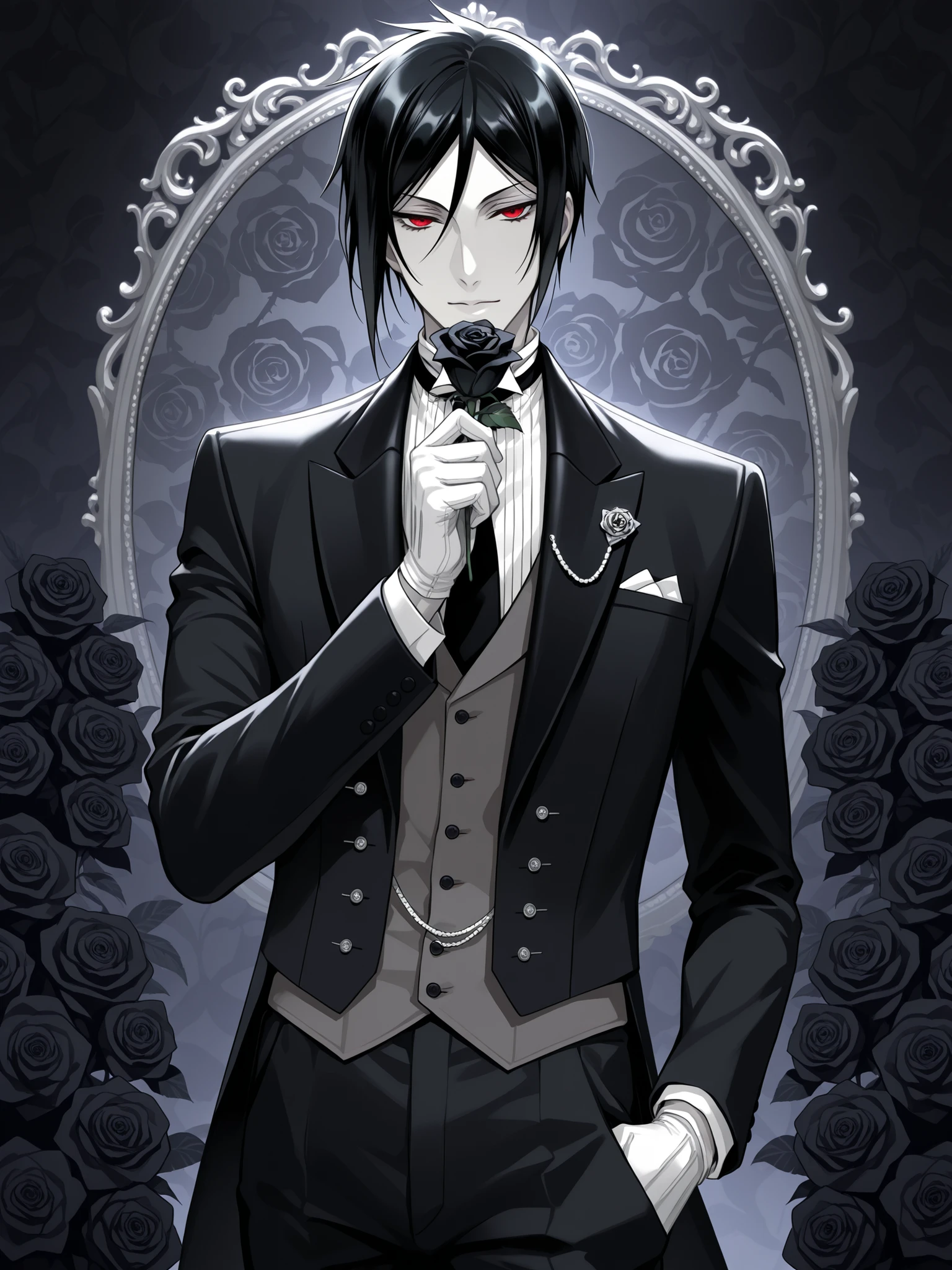 bishounen, tsurime, sebastian michaelis, high quality, red eyes, pale skin, black hair, mature male, tall, detailed suit and tie, posing, black rose background