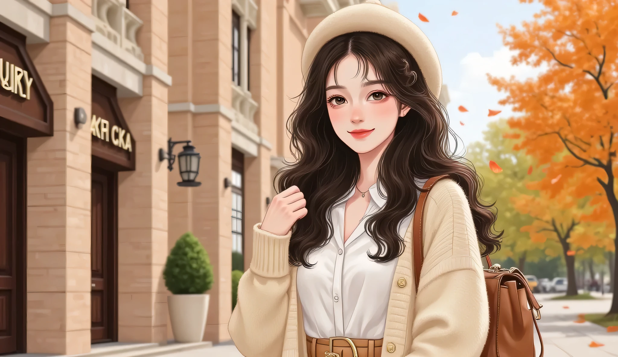 beautiful Chinese girl in her early 20s standing confidently at the entrance of Tsinghua University, elegant long hair, wearing a soft white blouse with pleated skirt and cardigan, carrying a leather handbag, slight smile, manhwa semi-realistic style, douyin makeup, soft glowing sunlight, autumn leaves in the background, medium-close portrait, refined and smart look

