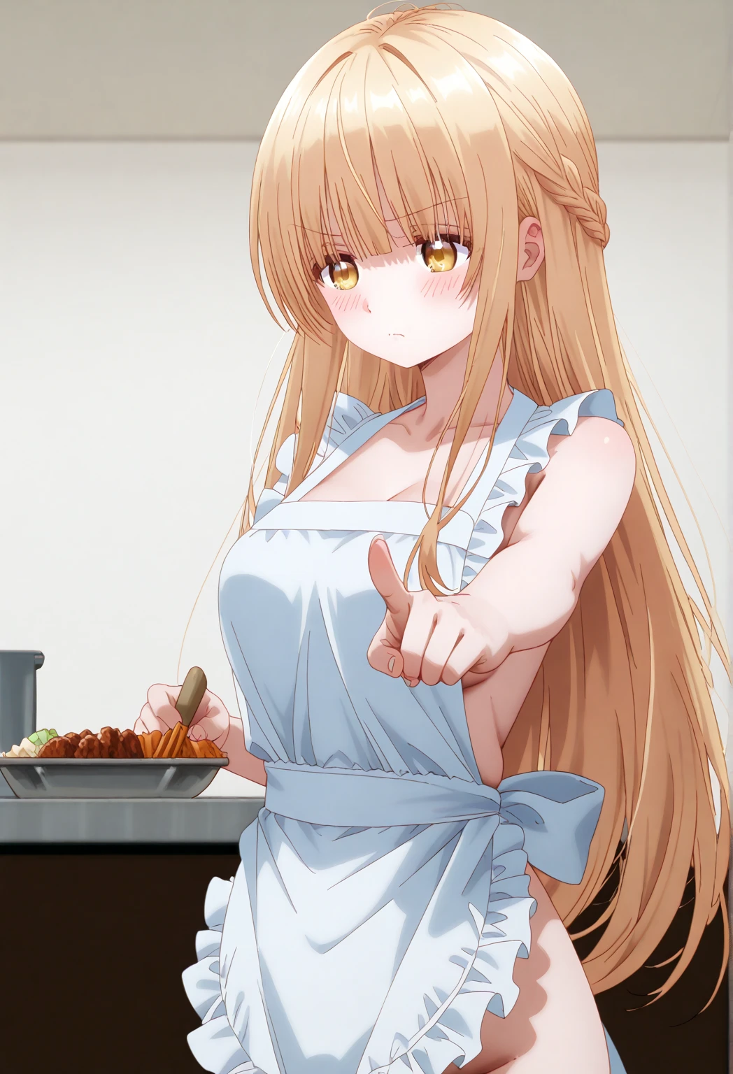 Mahiru shiina, , blonde, (Yellow Eyes:1.3)、Braided long hair,,blush,smile,night、Beautiful scenery, attractive thighs、Beautiful bare legs, Naked Apron、Wearing an apron naked、Cooking food in the kitchen、Bare chest、Nipples are visible
(masterpiece:1.2), highest quality, High resolution, unity 8k wallpaper, (shape:0.8), (Beautiful and beautiful eyes:1.6), Highly detailed face, Perfect lighting, Extremely detailed CG, (Perfect hands, Perfect Anatomy),