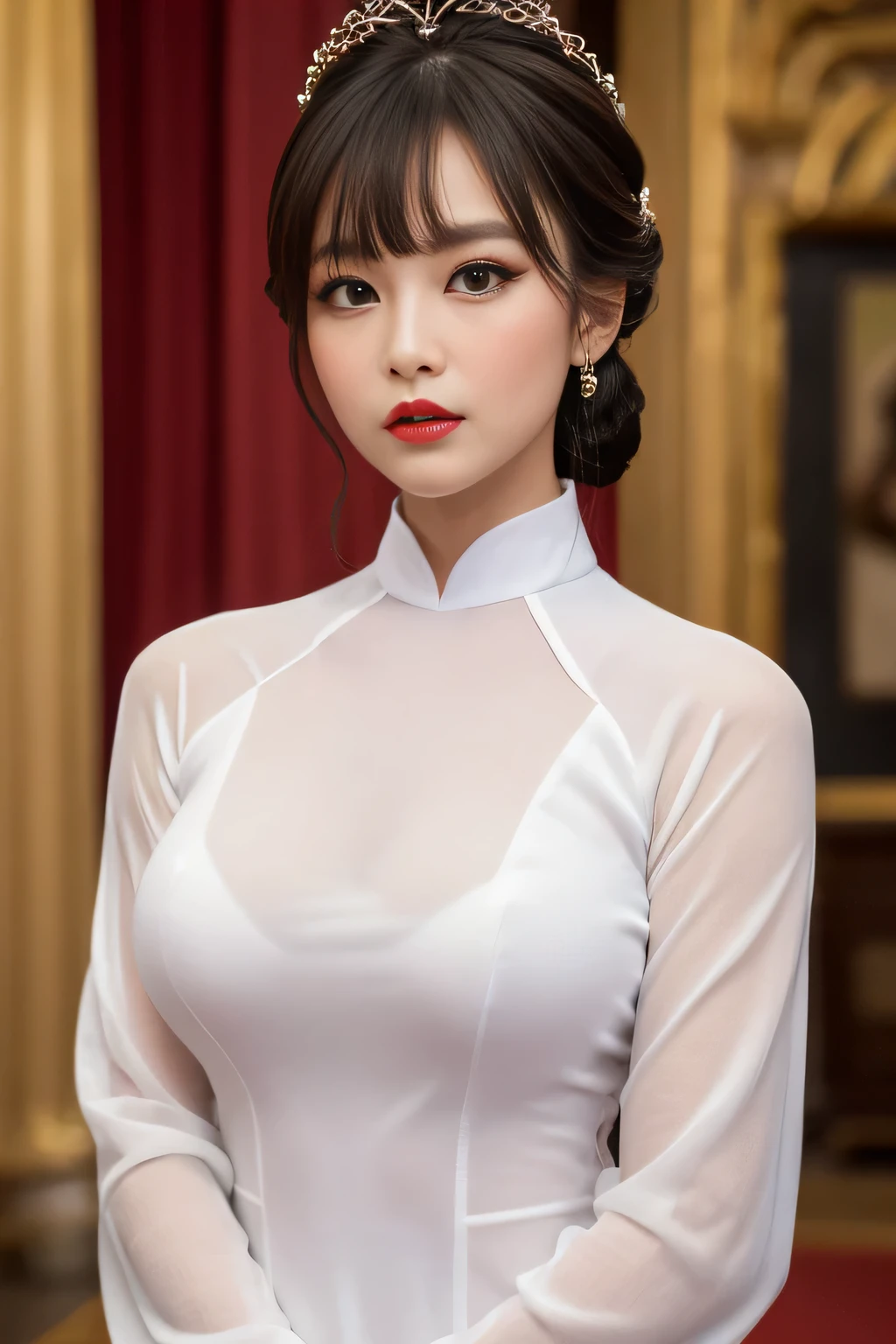 Highest quality, high resolution, masterpiece, colorful to keep.
Super beautiful woman, looks like a intimidating dominatrix, closed mouth, condescending gaze, staring at the viewer, makeup, long false eyelashes, eyeshadows, eyeliners, light red lips, big breasts, updo for short, bangs, big breasts.
Ao Dai.
Royal palace room.