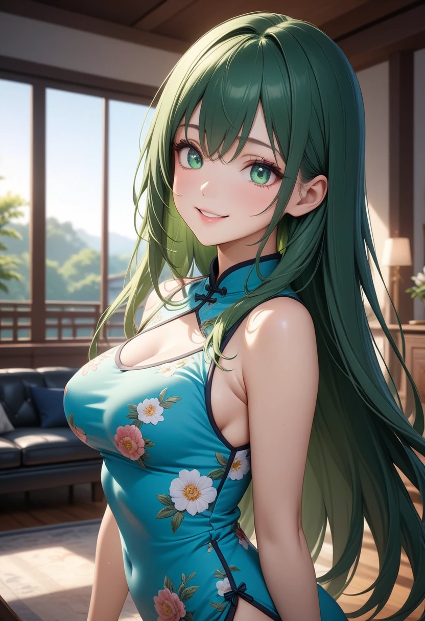 ((best quality)), ((Masterpiece)), (details), perfect face,Yamato from One Piece,Young woman,Cute face,long white-green hair,Tie me up.,Bangs,He has red-orange horns..,black eyes,white sleeveless shirt,Milk groove,round milk,red skirt,white skin,stand,lawn,Masterpiece,realistic,blur,4k,shiny skin