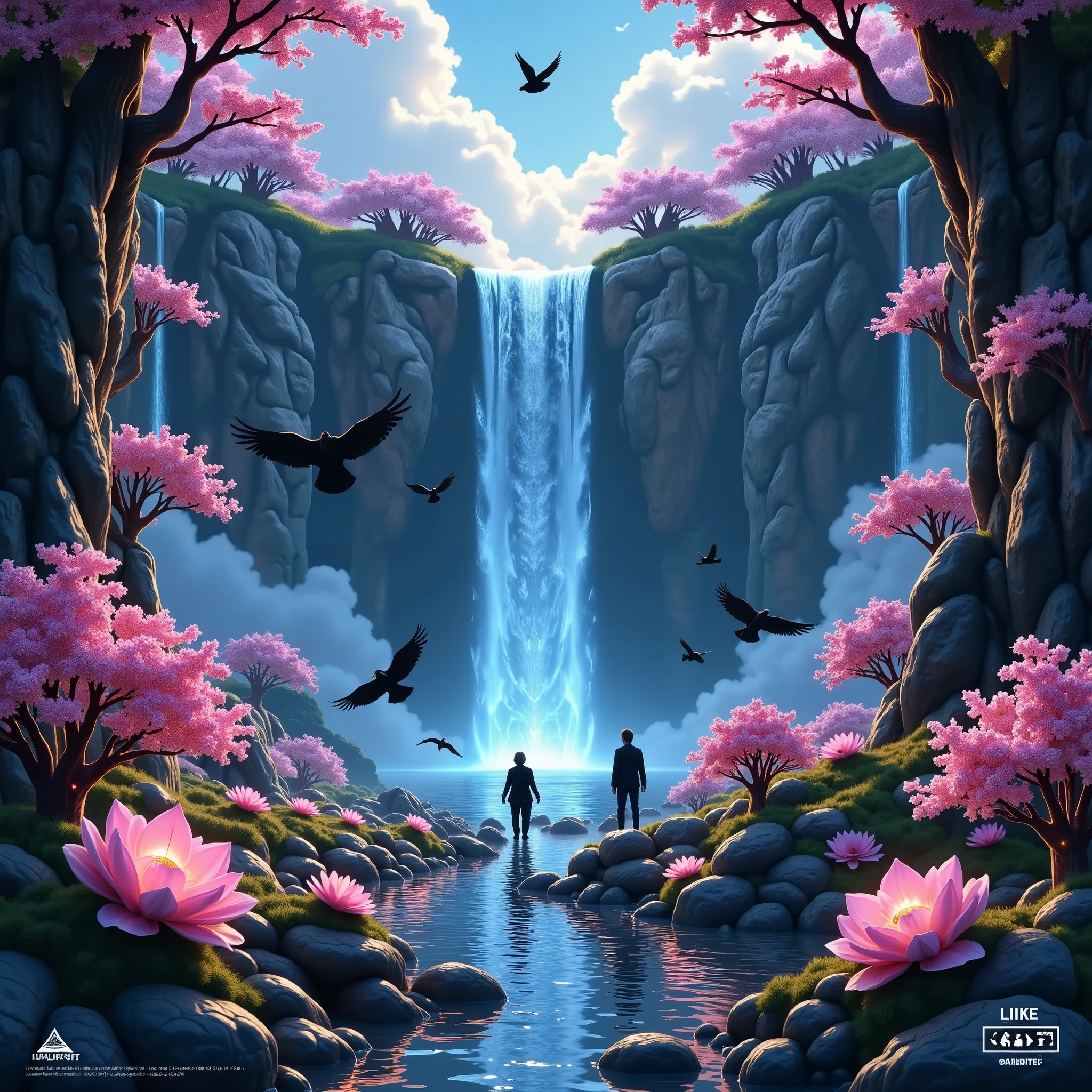 masterpiece, ultra-detailed, glowing fingertips, biomechanical hands, reflective metals, crystal-clear waterfall, surreal neoflowers, atmospheric mist, trees, wind movement, birds, like icon, social media icons, premium quality, detailed reflections, glowing edges